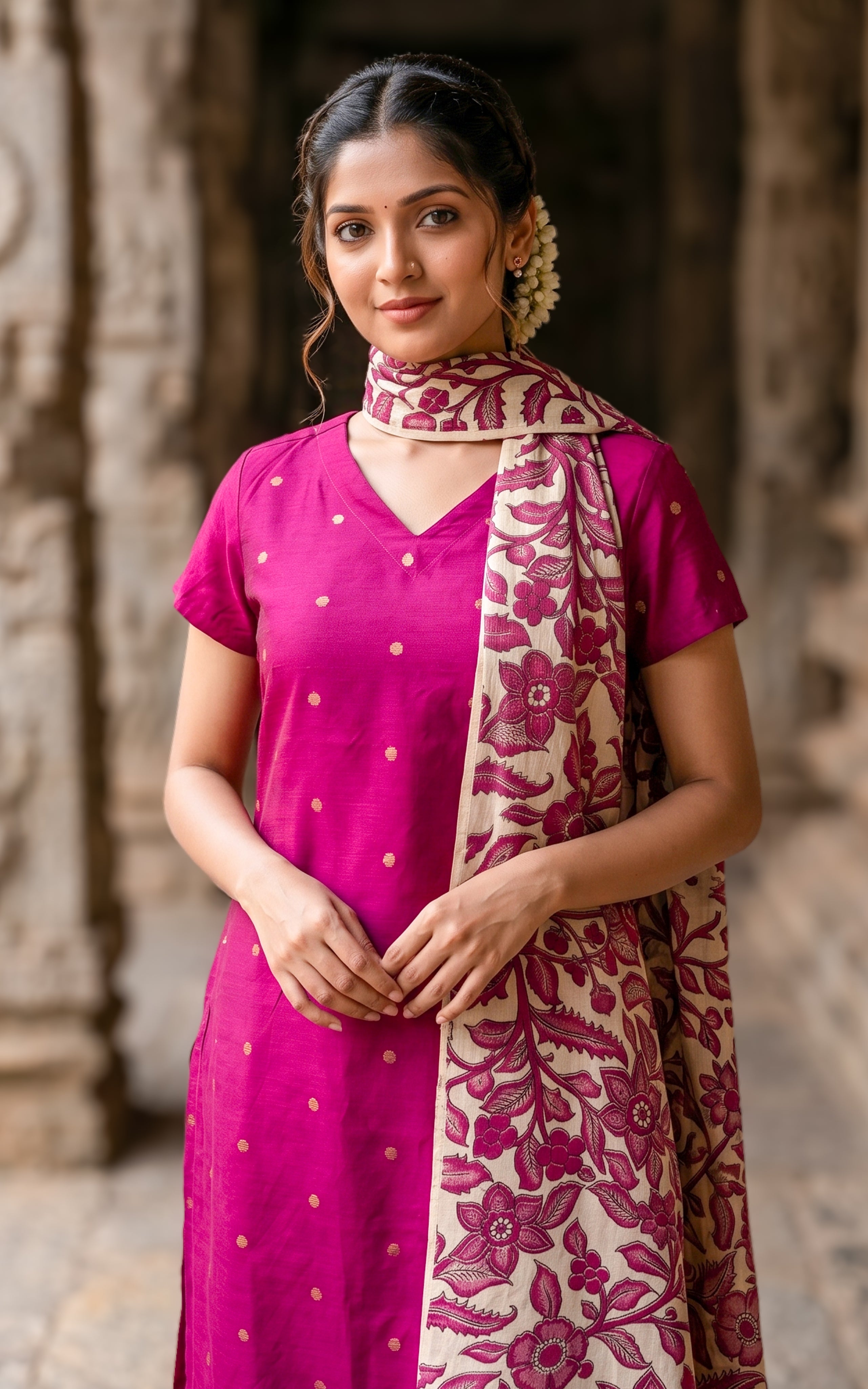 Pink festive wear silk cotton kurti set for women