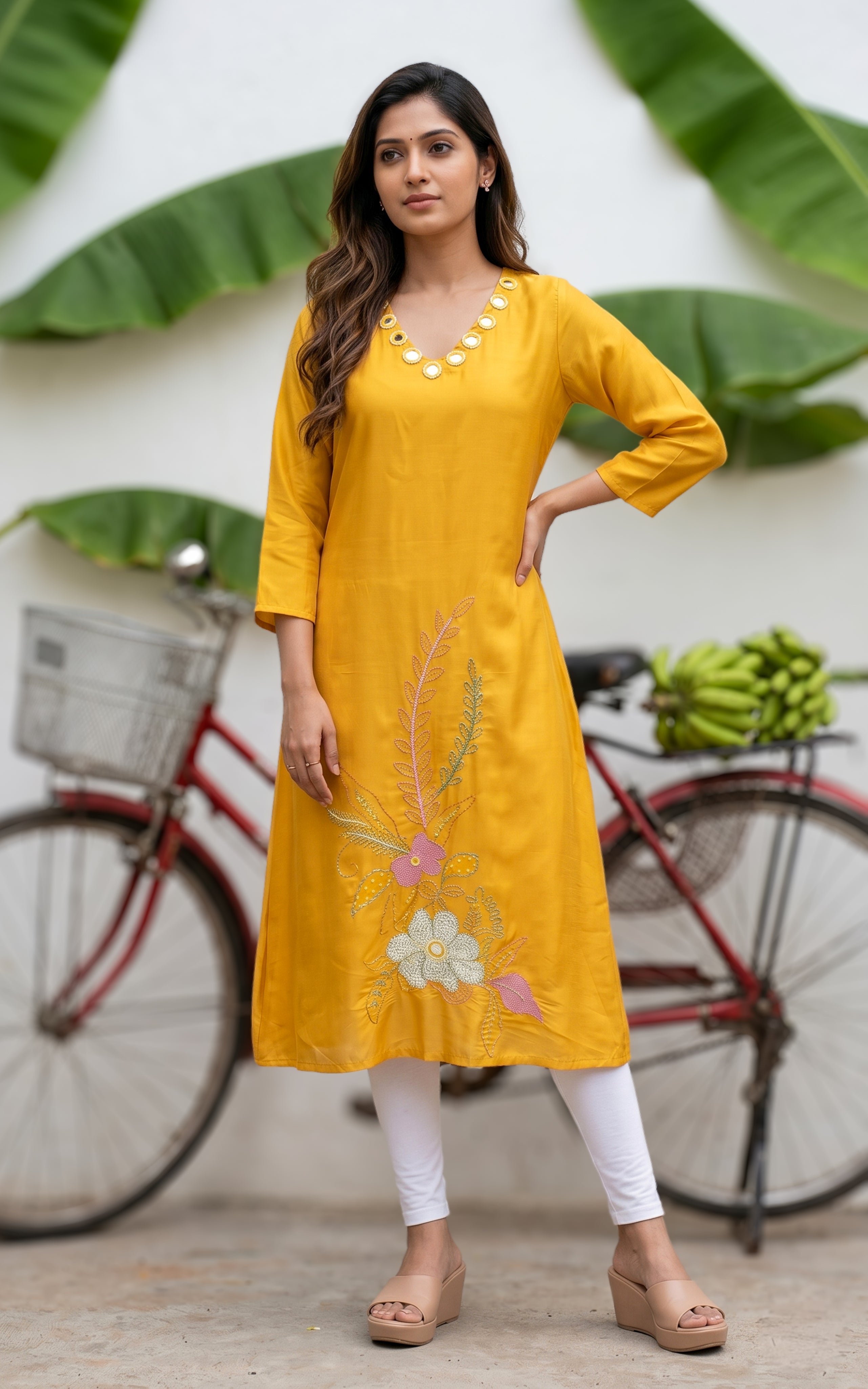 Women Mango Silk Kurti With Mirror Work