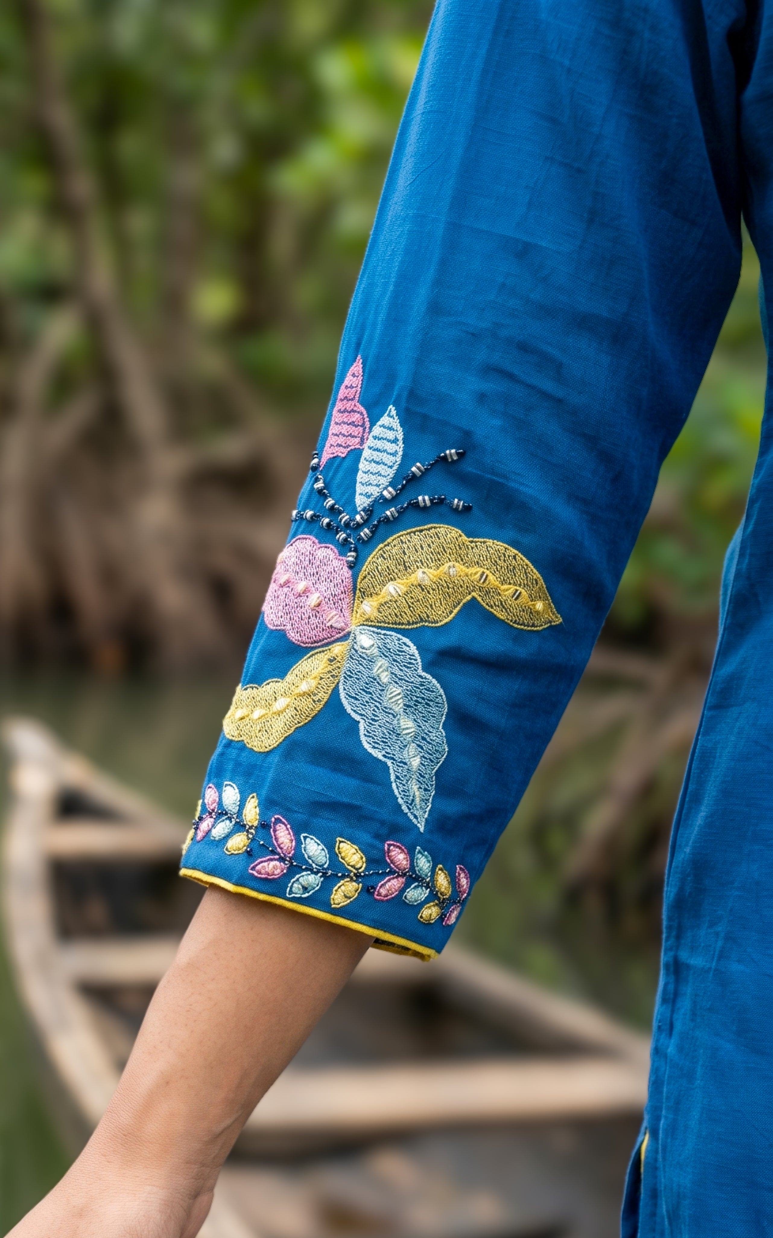 Blue cotton straight cut long kurti for women