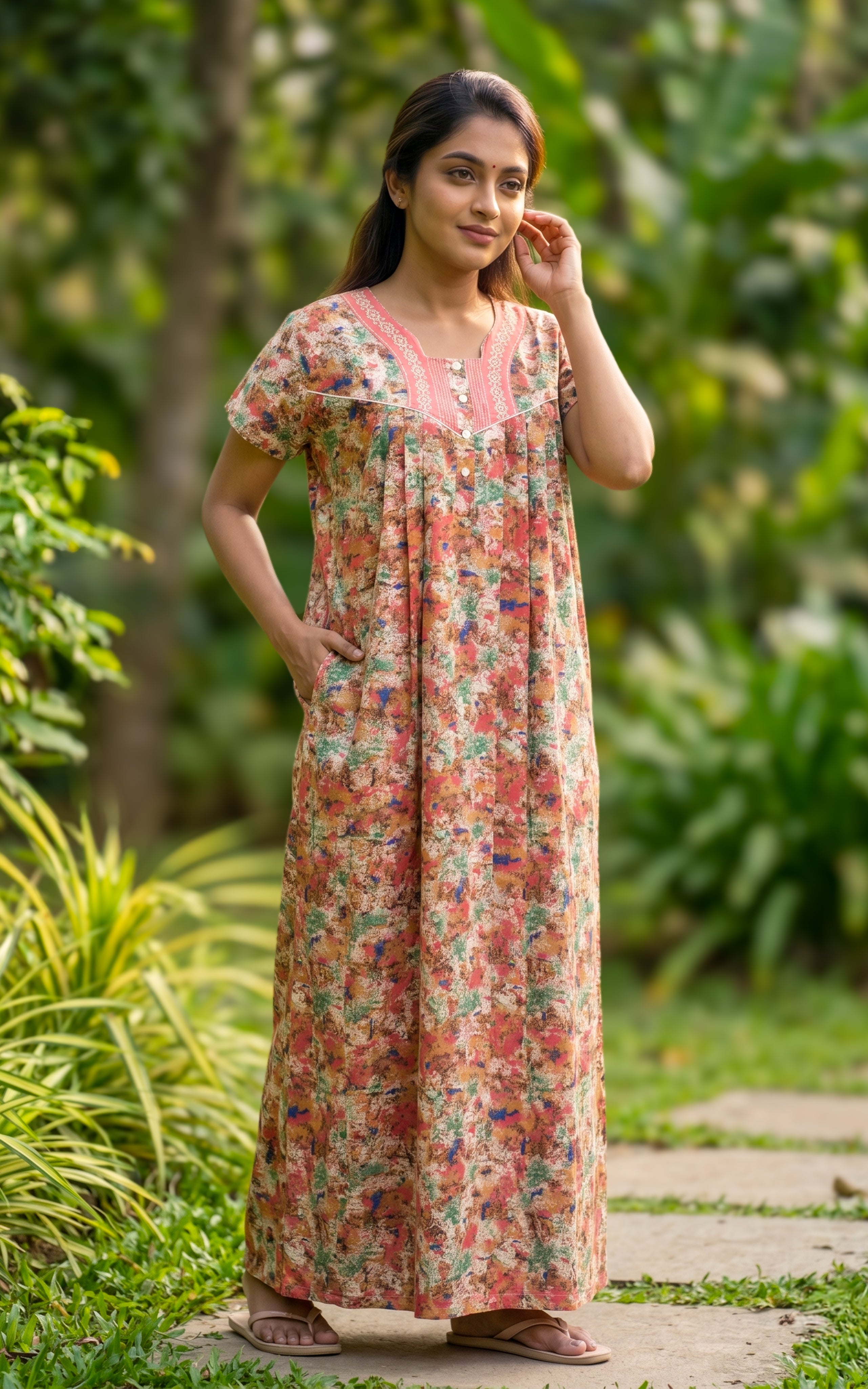 Instore - Multicolor Abstract Floral Print Cotton Long Nighty with Side Pocket, Relaxed Fit, Women's Sleepwear