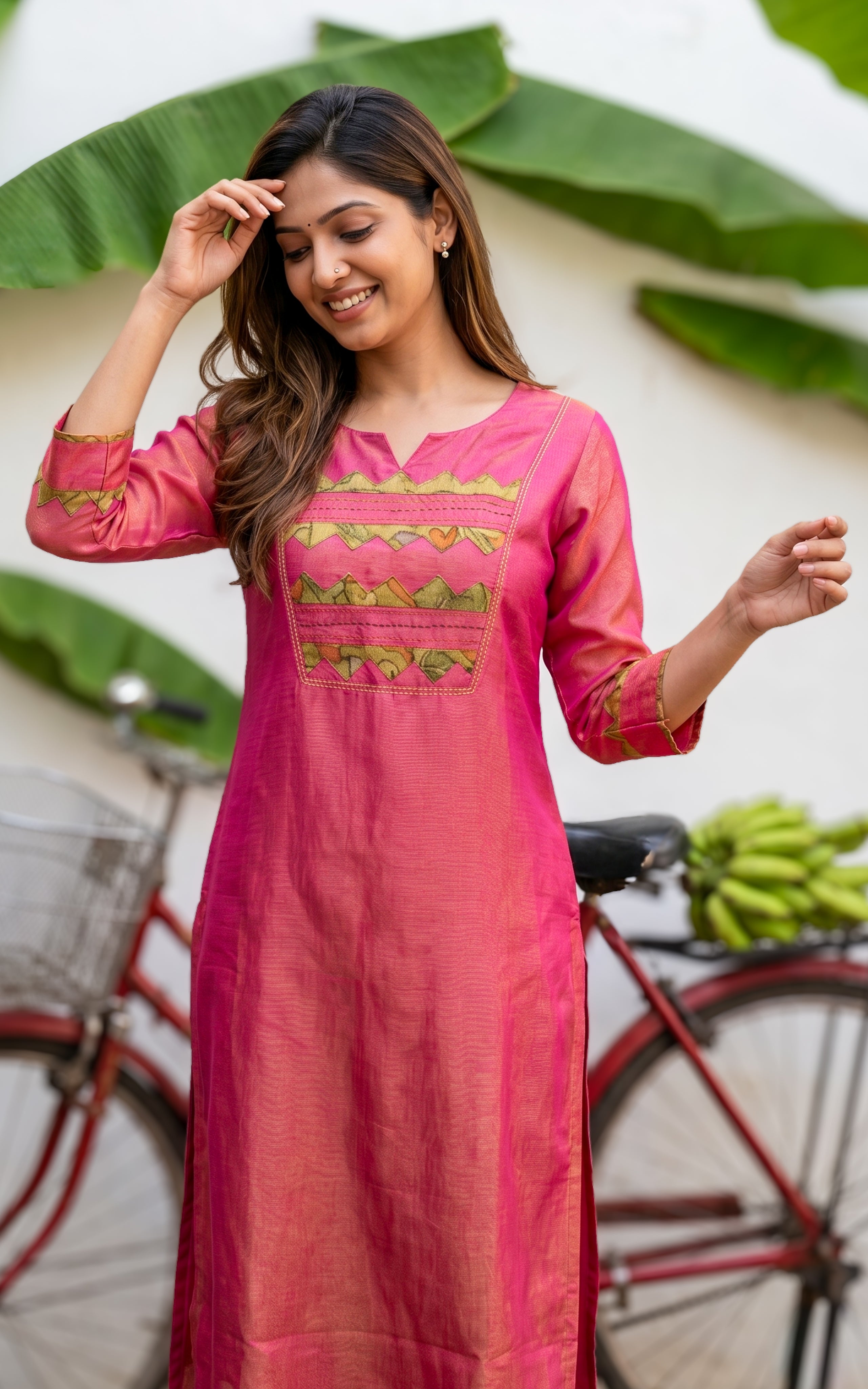 Simple Dual Shade Pink Art Silk Kurti For Women