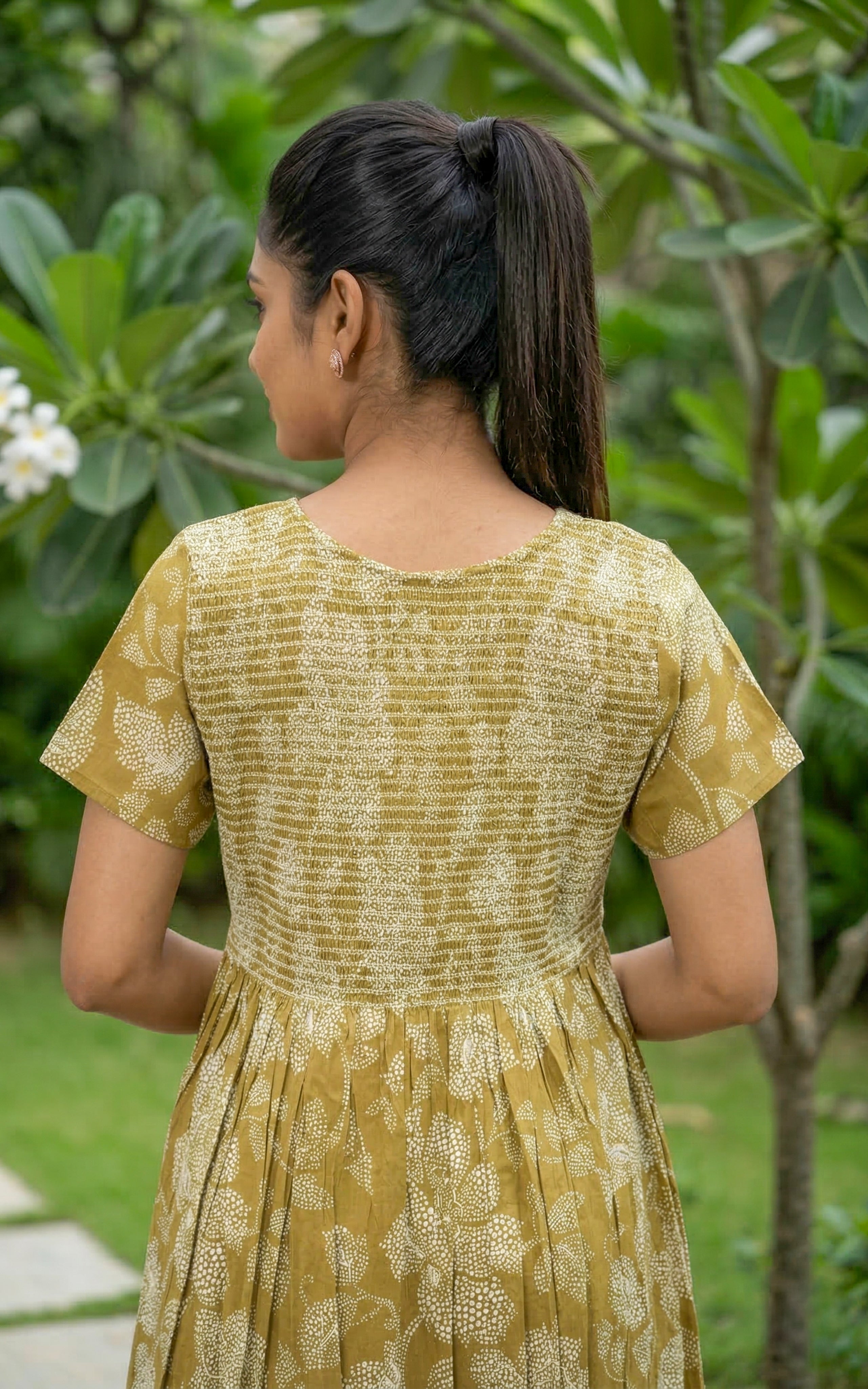 Instore – Mustard Brown Cotton Long Nighty, Floral Motif Print with Smocked Yoke, Round Neck, Relaxed Fit, Women's Sleepwear