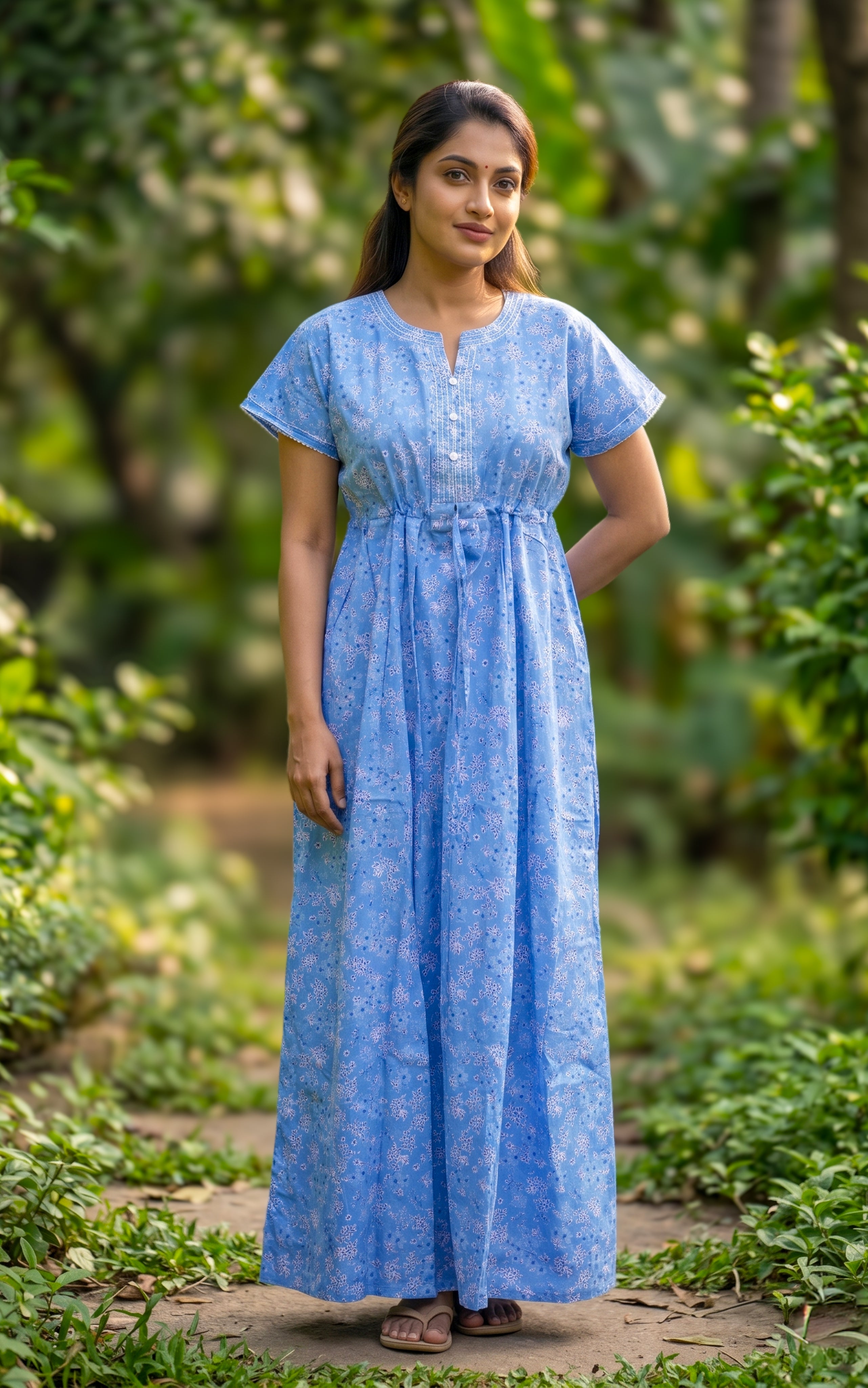 Instore - Blue Floral Print Cotton A-line Long Nighty with Side Pocket, Relaxed Fit, Women's Sleepwear
