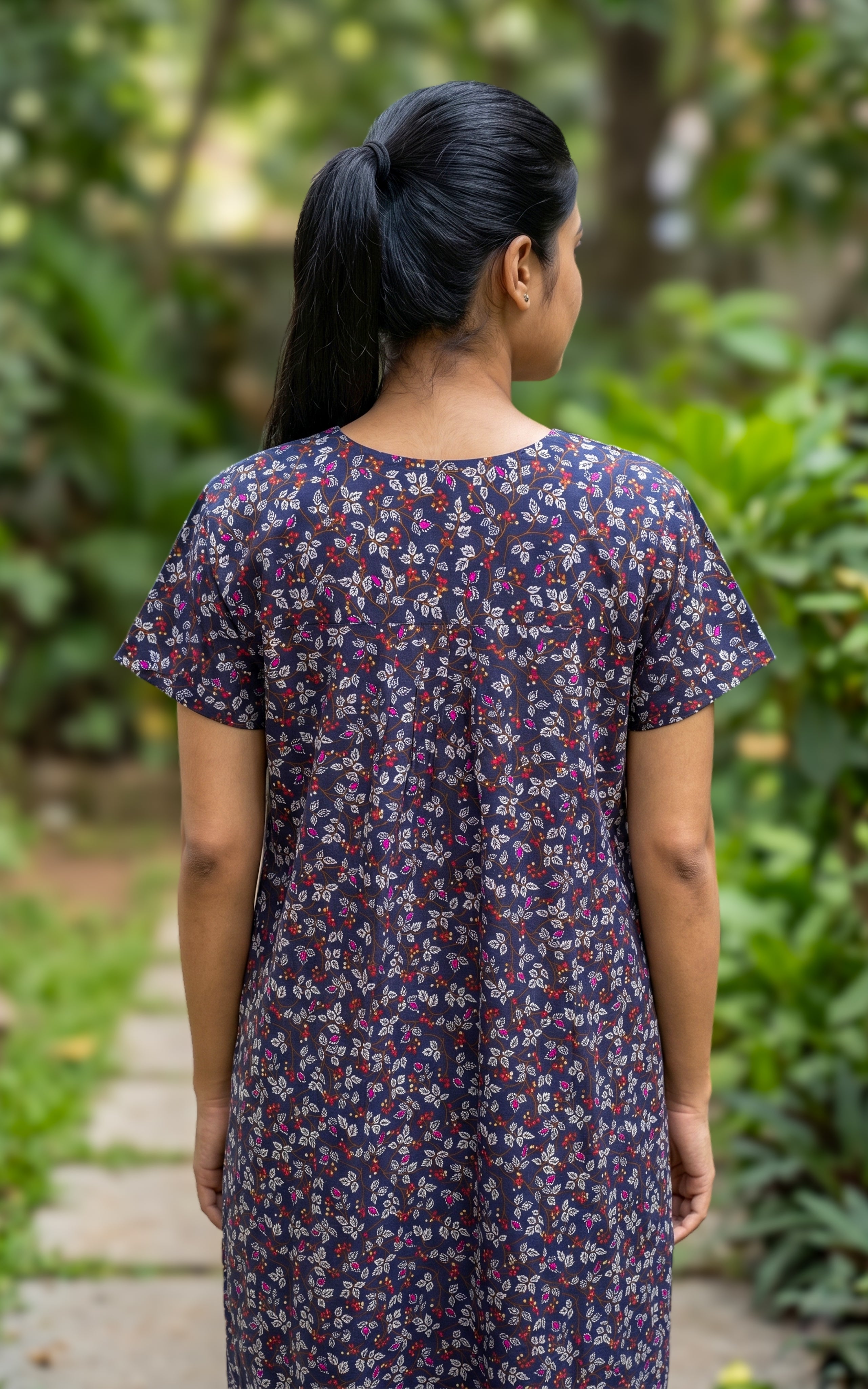 Instore - Navy Blue Small Floral Print Cotton Long Nighty with Embroidery Yoke, Side Pocket, Relaxed Fit, Women's Sleepwear