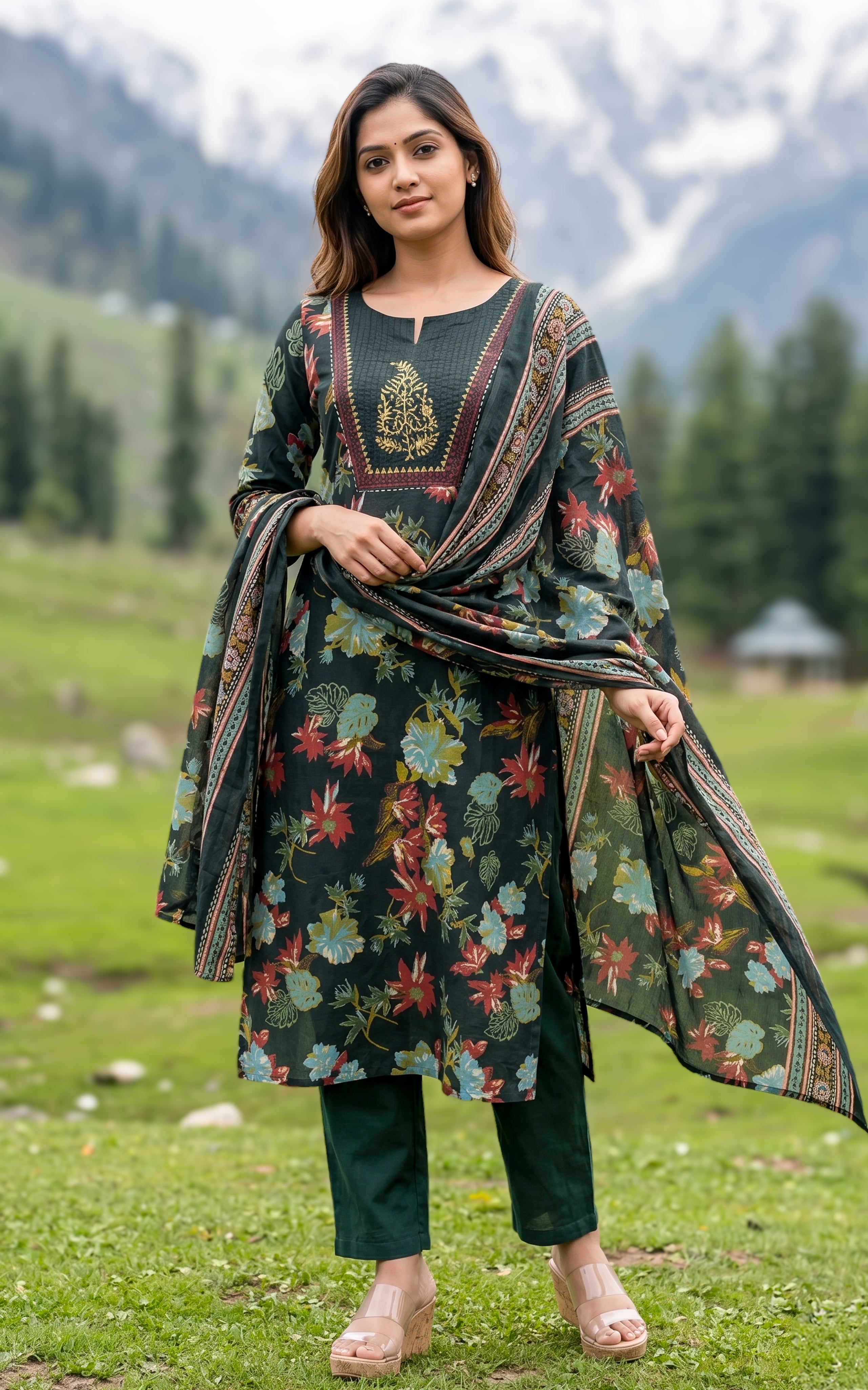 Bottle green kurti with pant and dupatta for women
