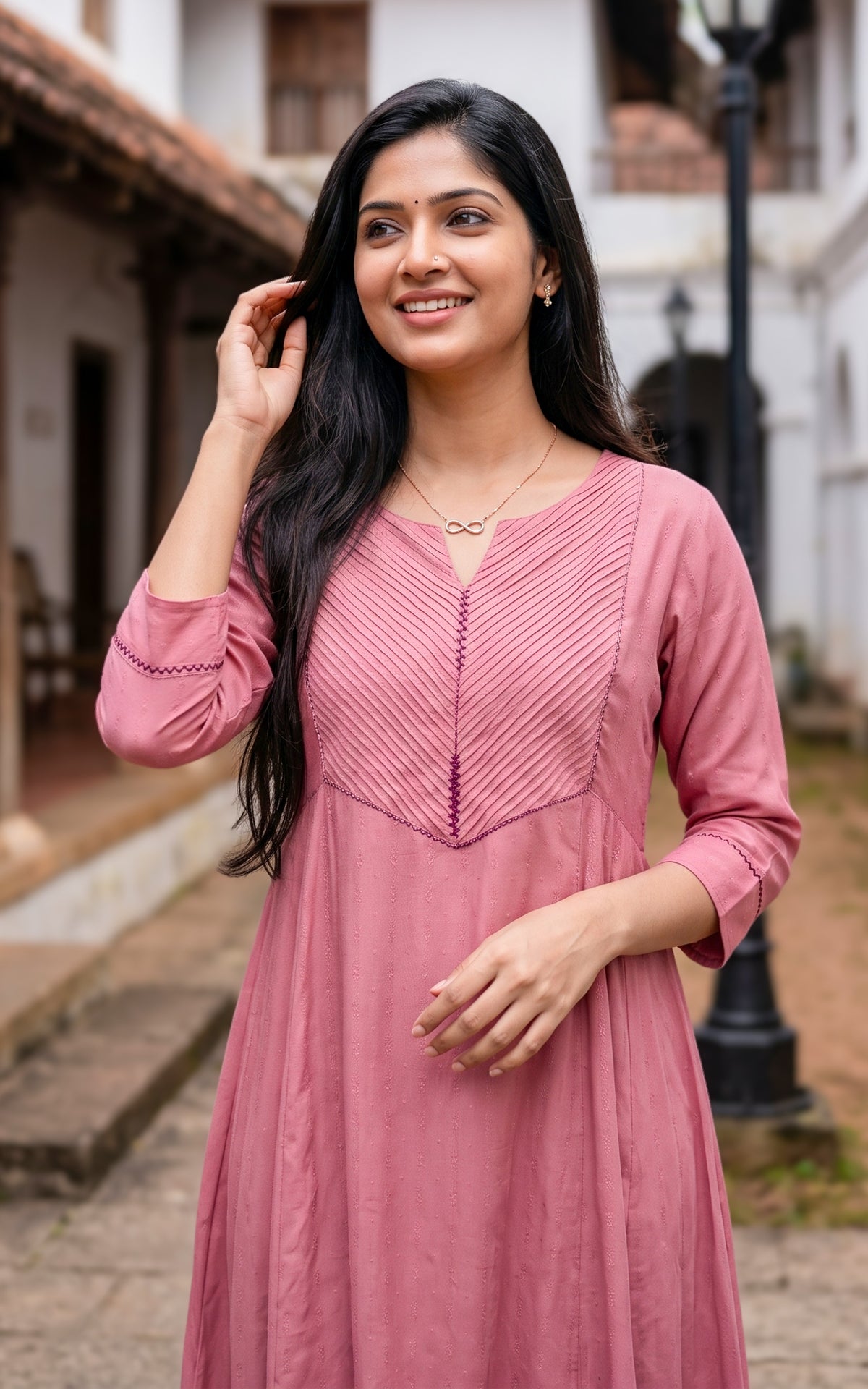 Peach Art Silk Anarkali Kurti Featuring Pintuck Detailing for Women