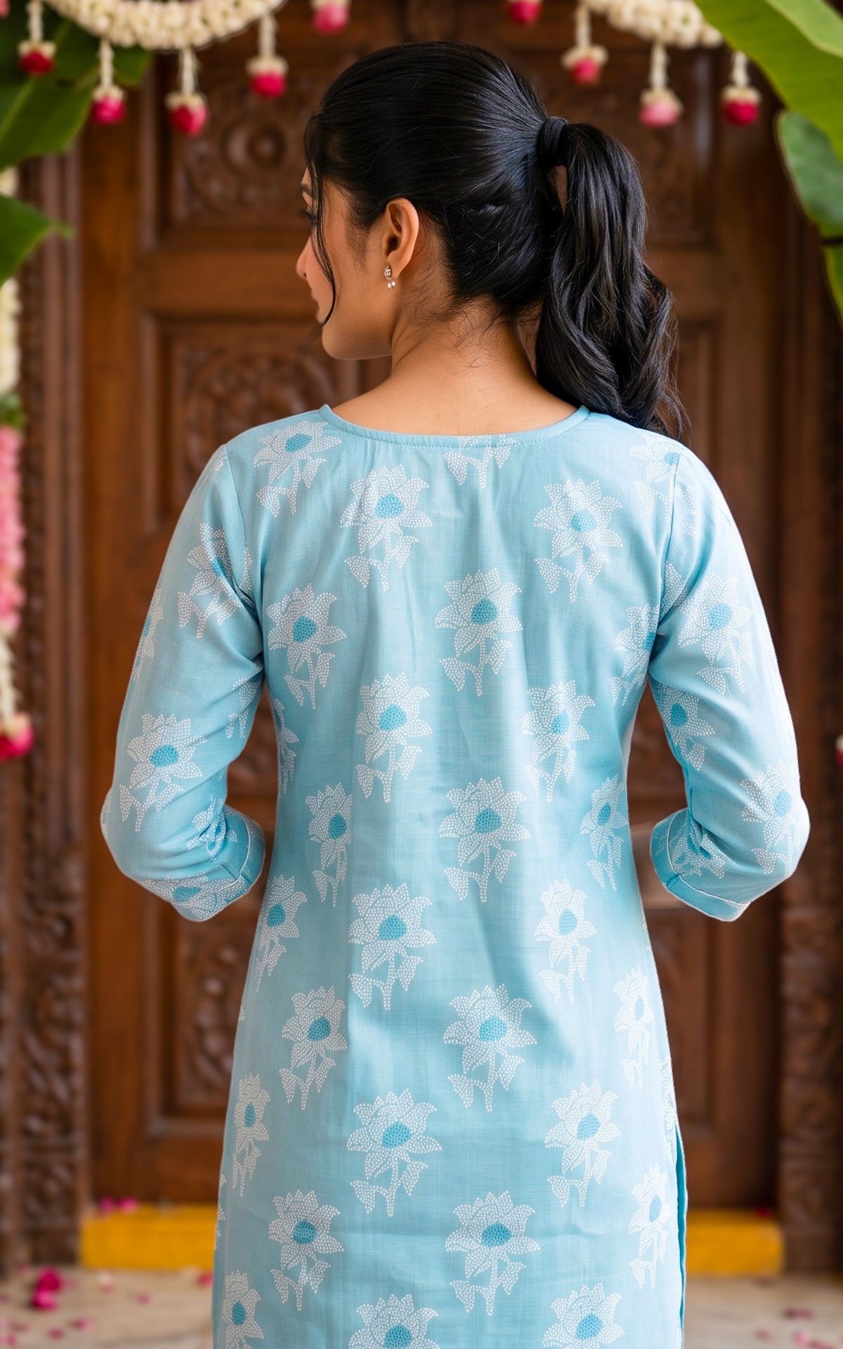 Sky Blue Silk Cotton Elegant Celebration Wear Kurti for Women