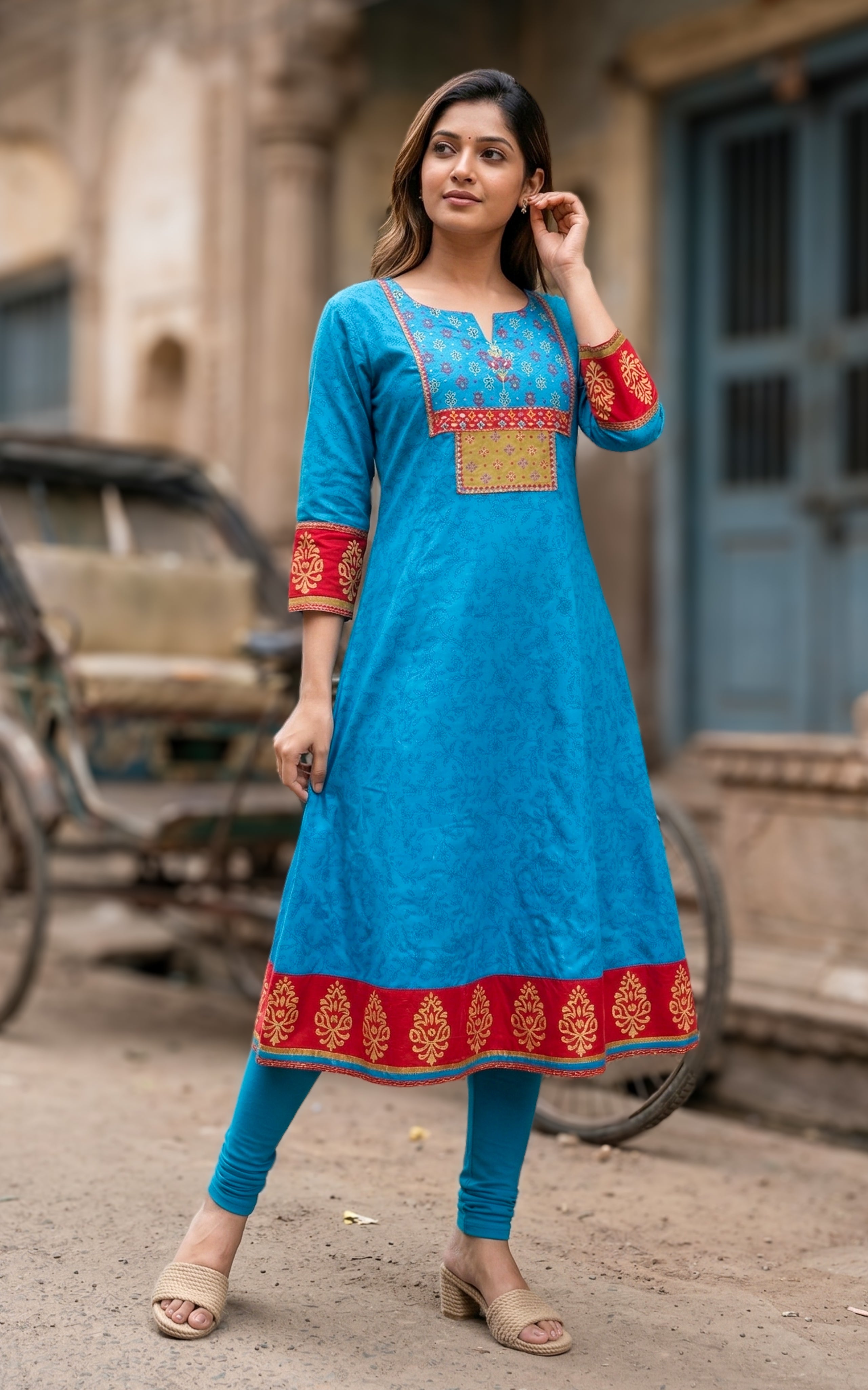 Instore - Blue Color Cotton  Handblock Aline Kurti Featuring Contrast Yoke Panel