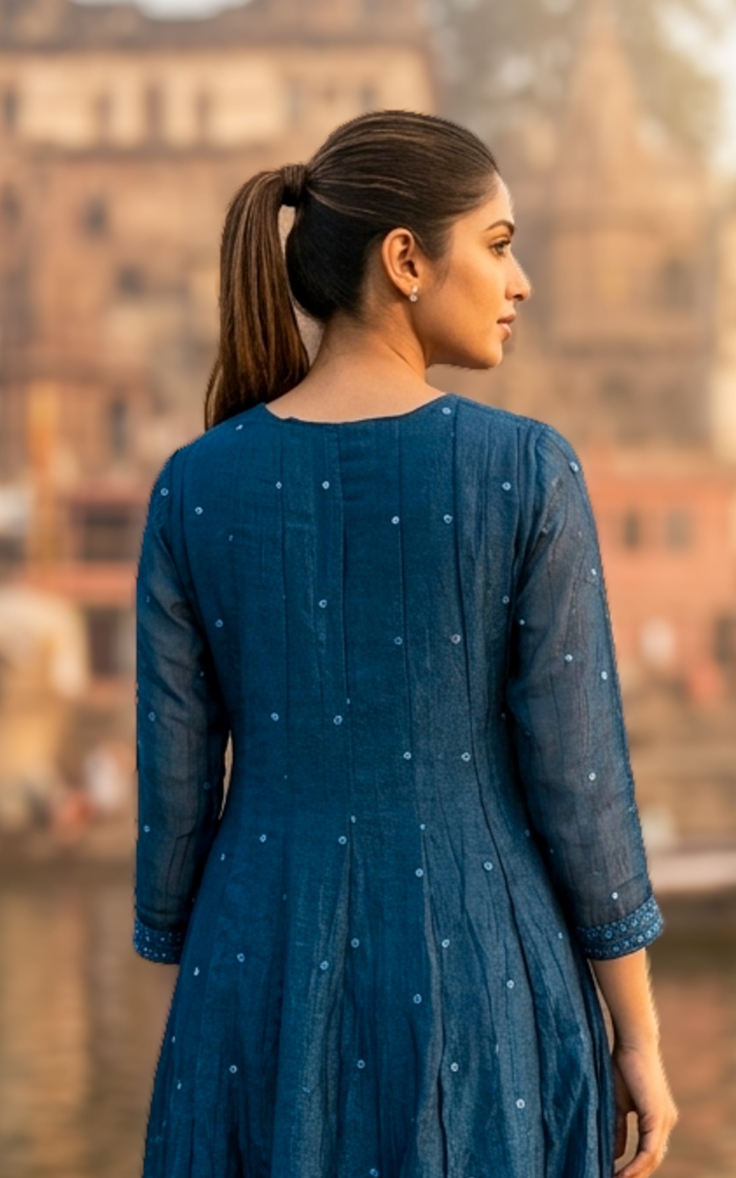 Instore – Teal Blue Mellinam Anarkali Kurti with Dupatta for Women – Crushed Tissue Silk – Sequin Embroidery – Festive Ethnic Wear