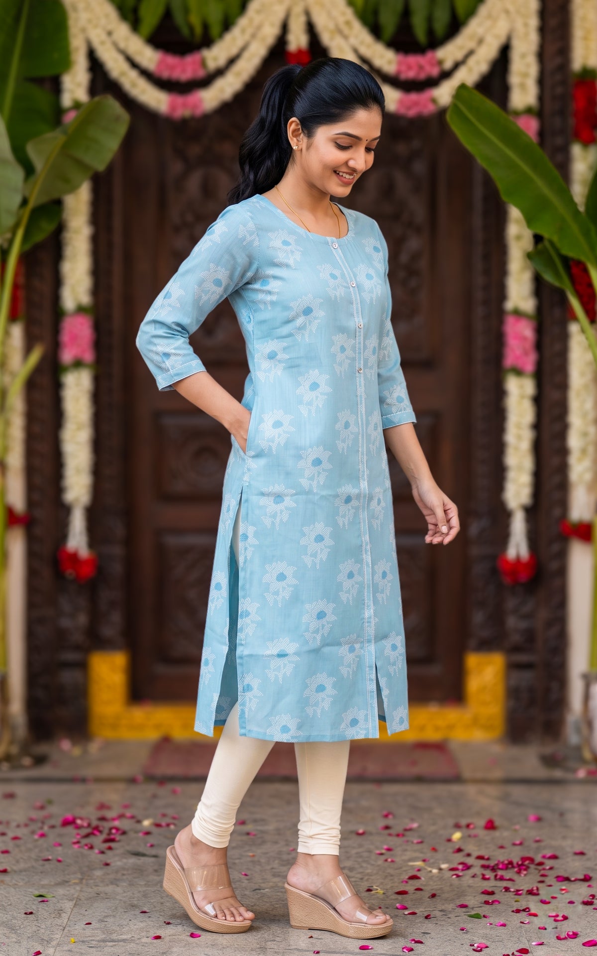 Sky Blue Silk Cotton Special Occasion Kurti for Women