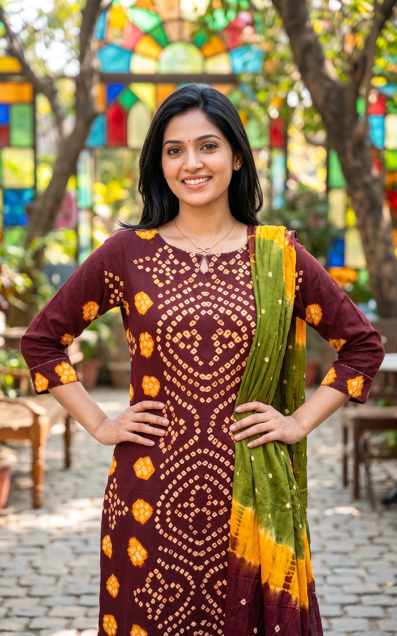 Deep Brown and Mehndi Green Cotton Bandhani Kurti Set for Women