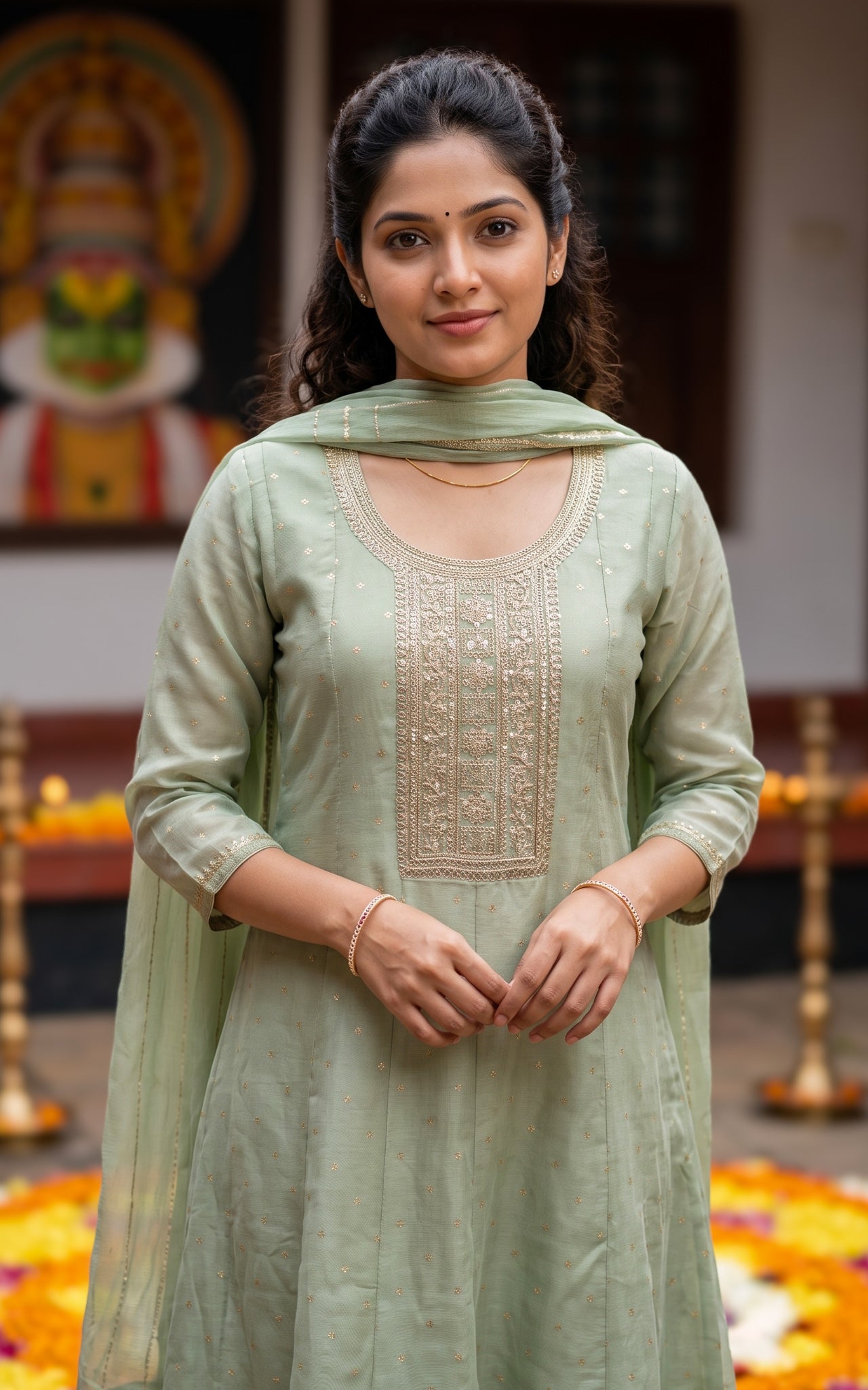 Green Chanderi Onam Collection Kurti Set for Women
