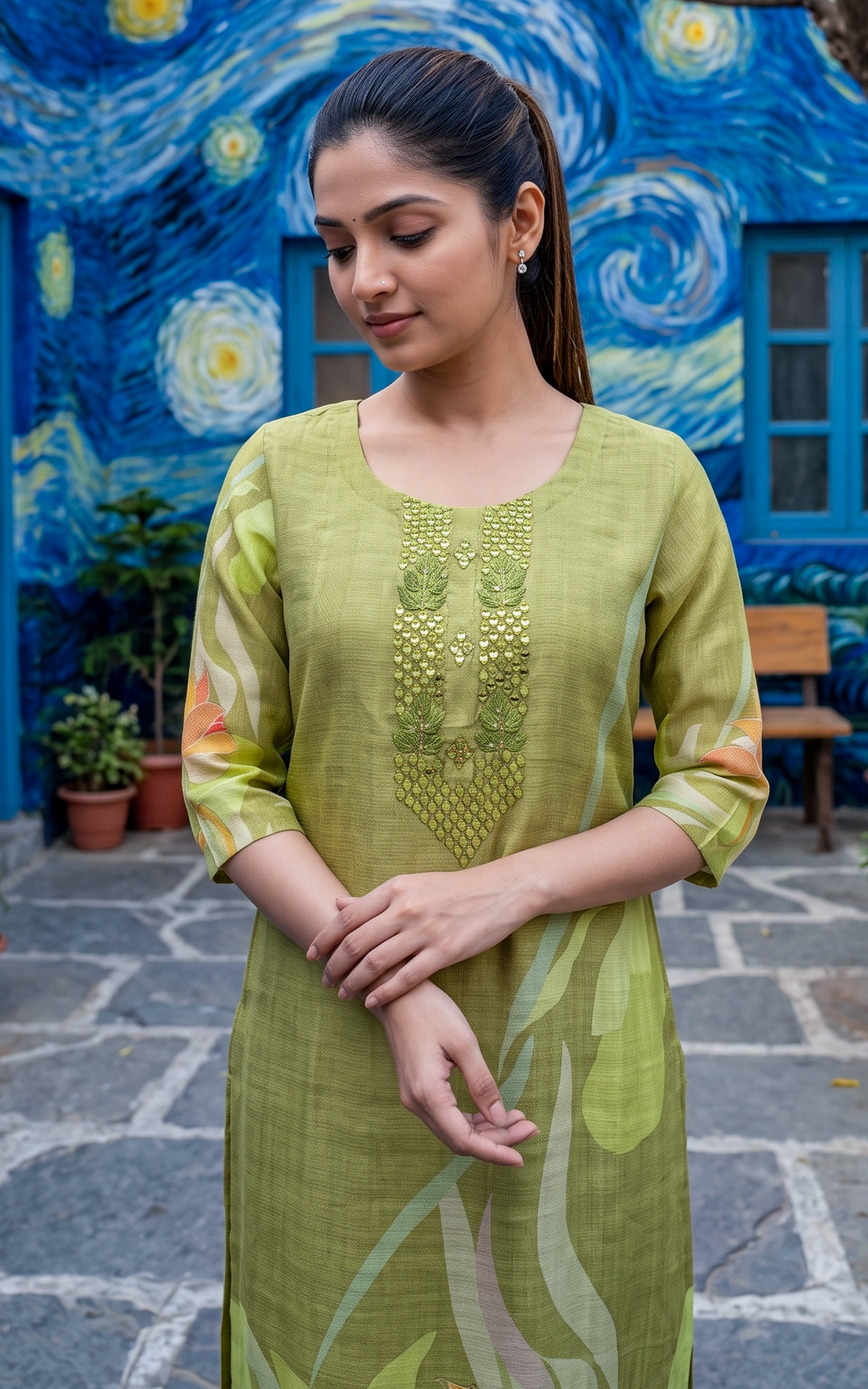 Pista Green Art Silk Ethnic Wear Kurti Set for Women