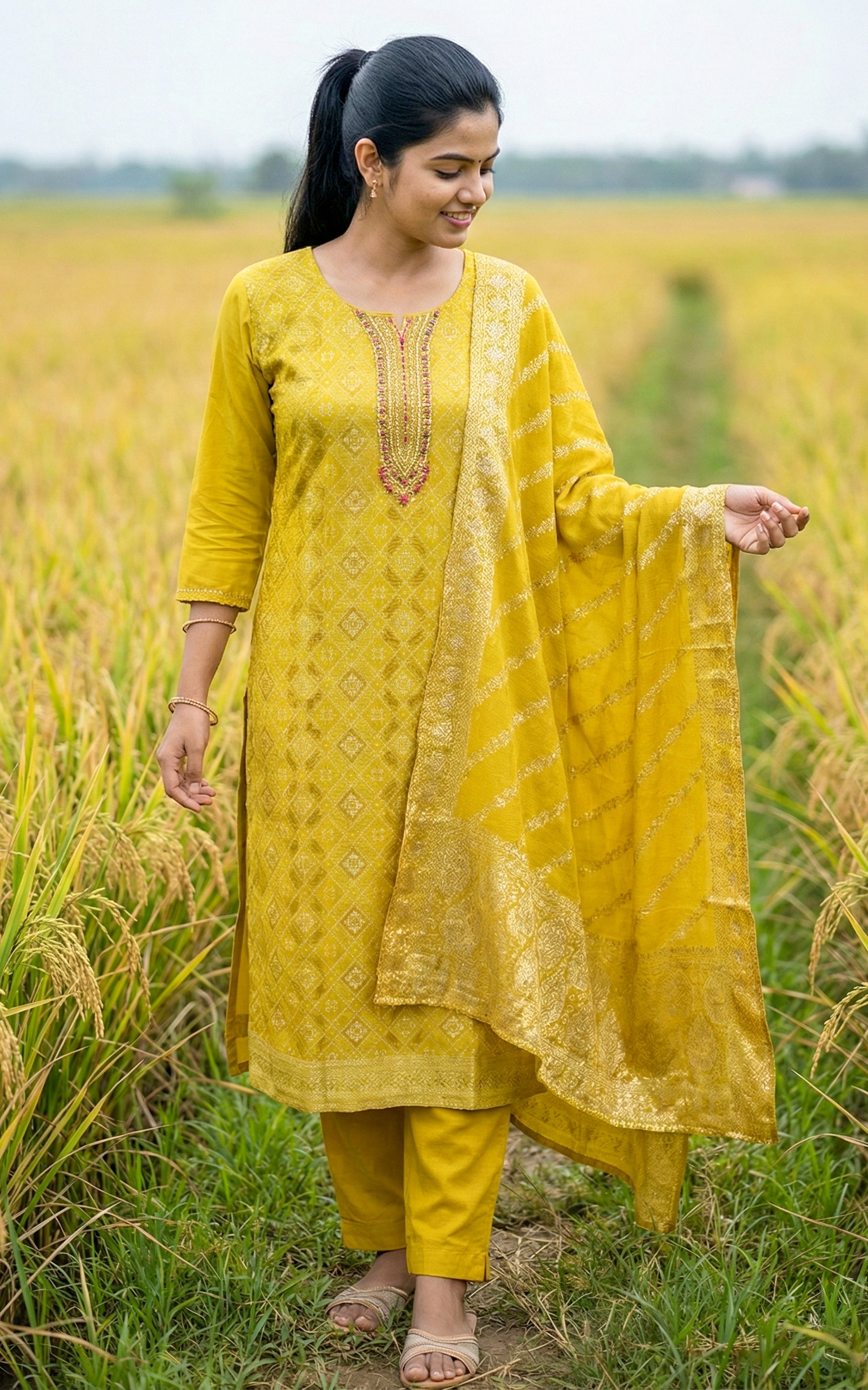 Instore - Lime Yellow Art Silk Straight Cut Kurti with Side Slit & Embroidery Neckline with Pant & Gold Woven Dupatta