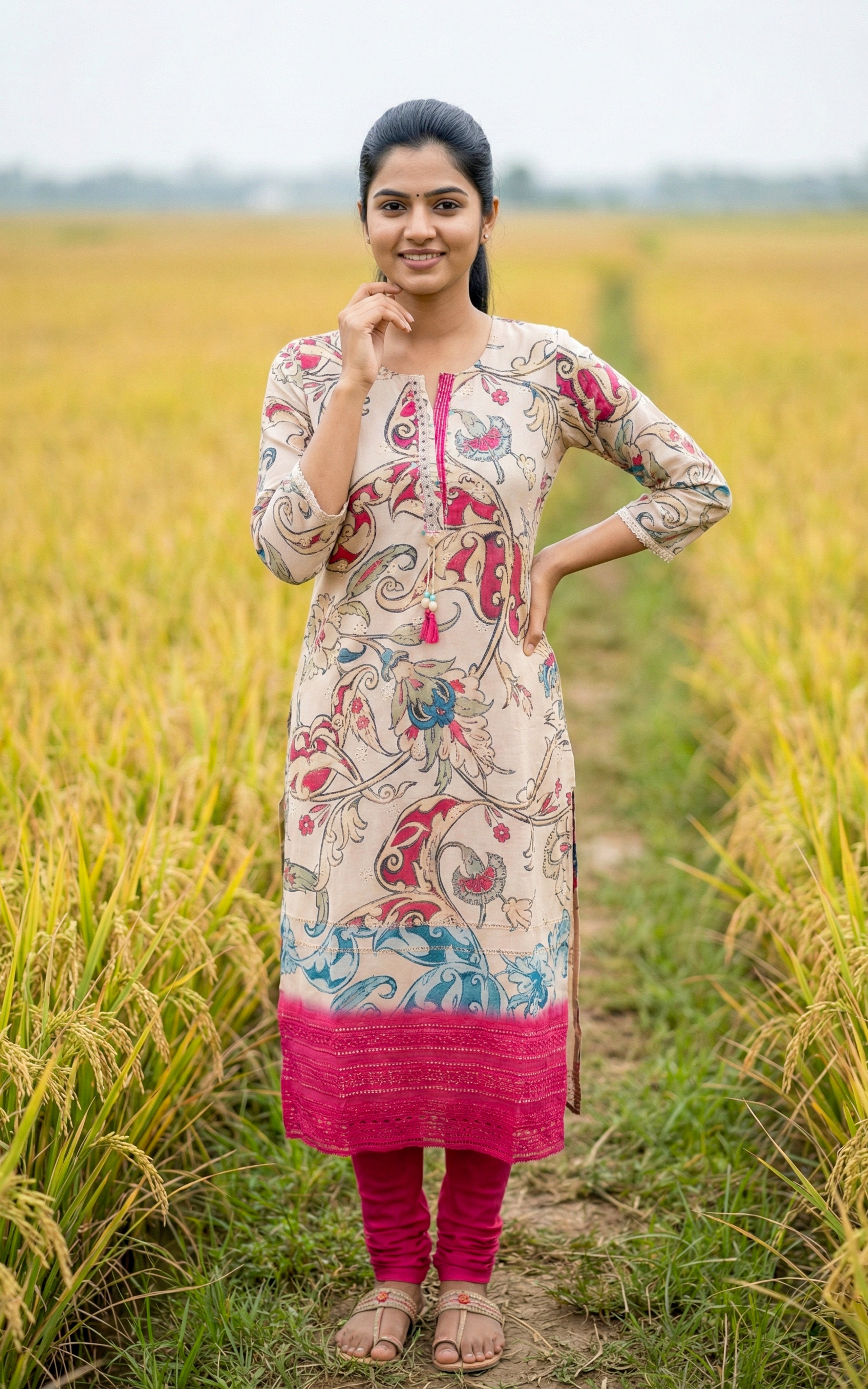 Instore - Beige Cotton Straight Cut Kurti with Featuring Side Slit Crochet Lace Detailing with Cotton Lining