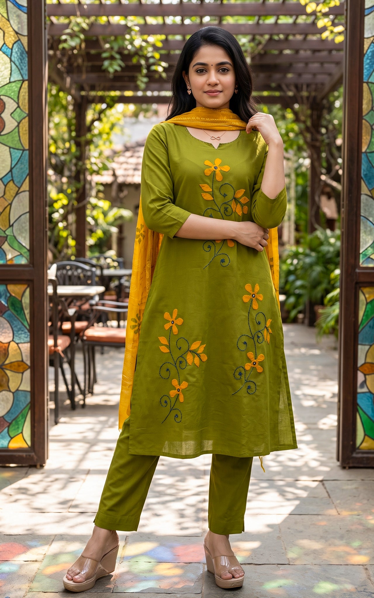 Mehandi Green Cotton Office Wear Kurti Set for Women
