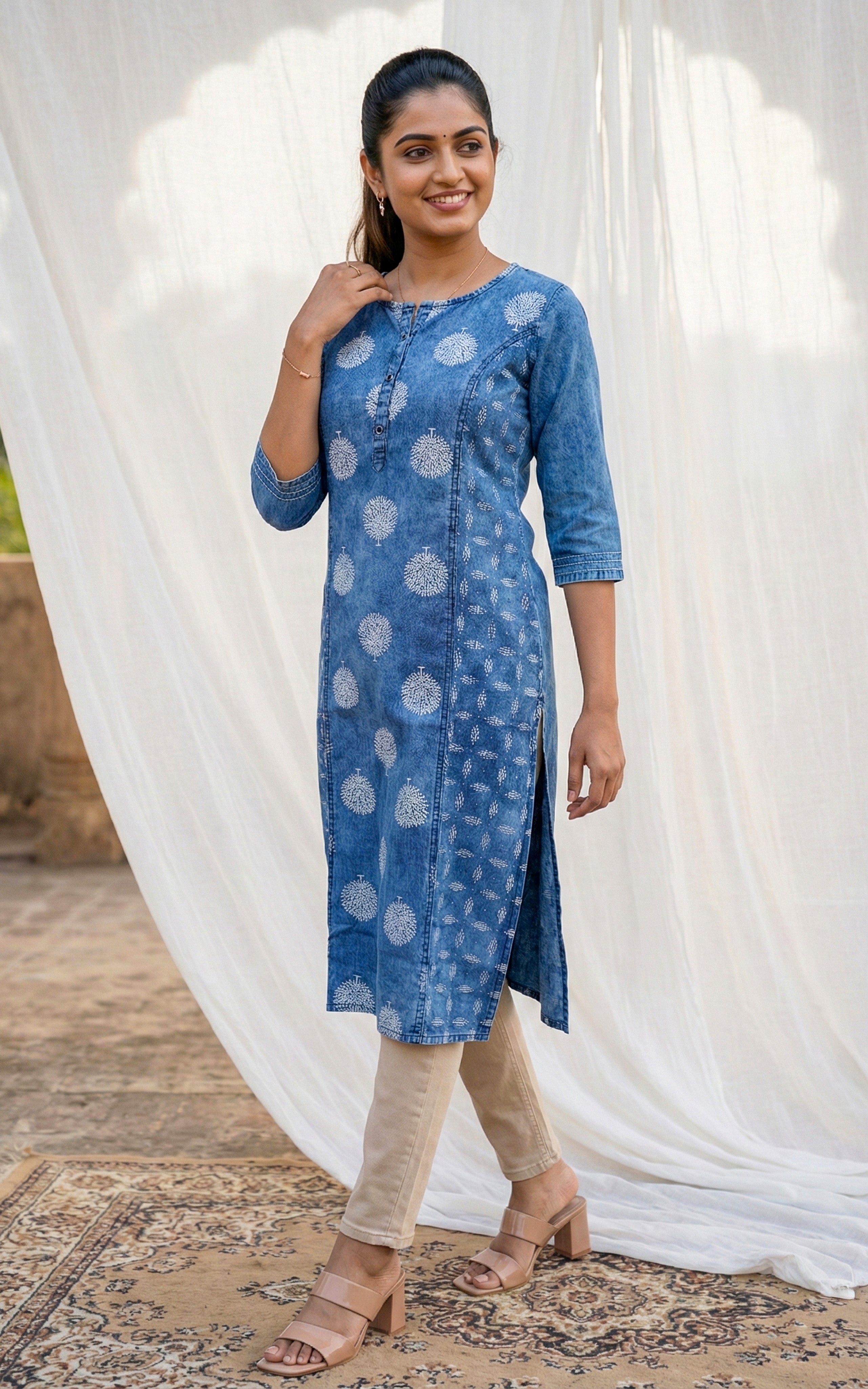 Comfortable denim blue straight cut kurti for women