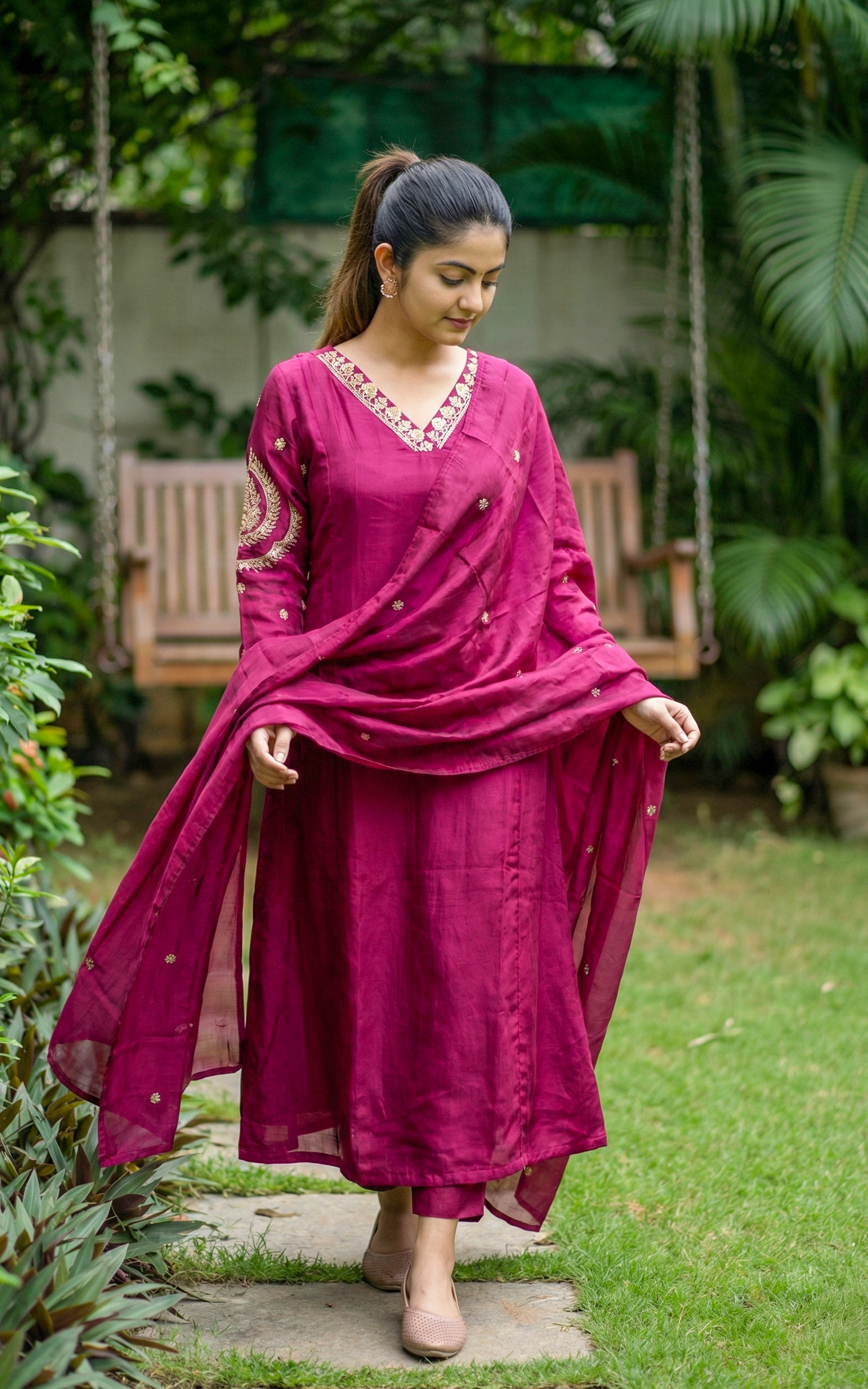 Instore - Wine Art Silk V Neck Sequence Embroidery Aline Kurti with Side Slit & One Side Pocket with Art Silk Dupatta