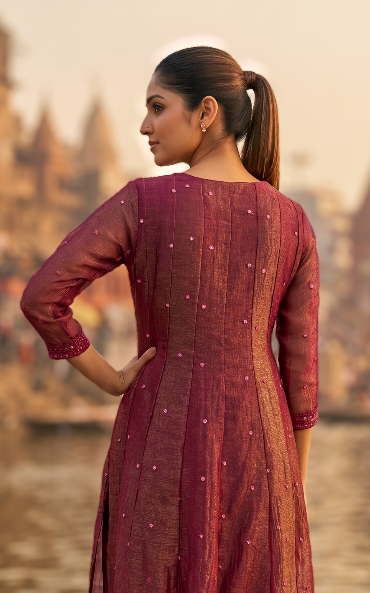 Instore – Burgundy Mellinam Anarkali Kurti with Dupatta for Women – Crushed Tissue Silk – Sequin Embroidery – Festive Ethnic Wear