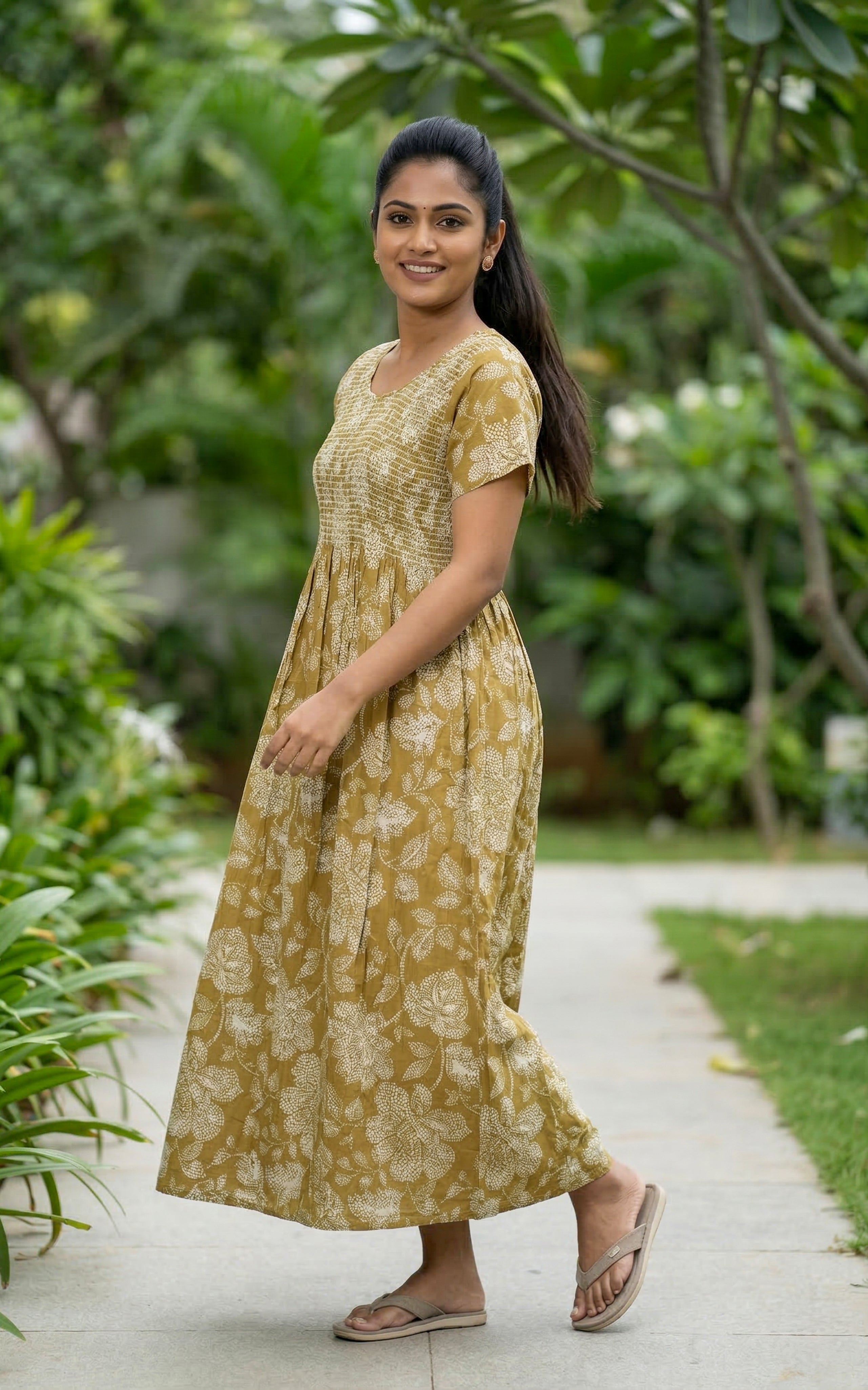 Instore – Mustard Brown Cotton Long Nighty, Floral Motif Print with Smocked Yoke, Round Neck, Relaxed Fit, Women's Sleepwear