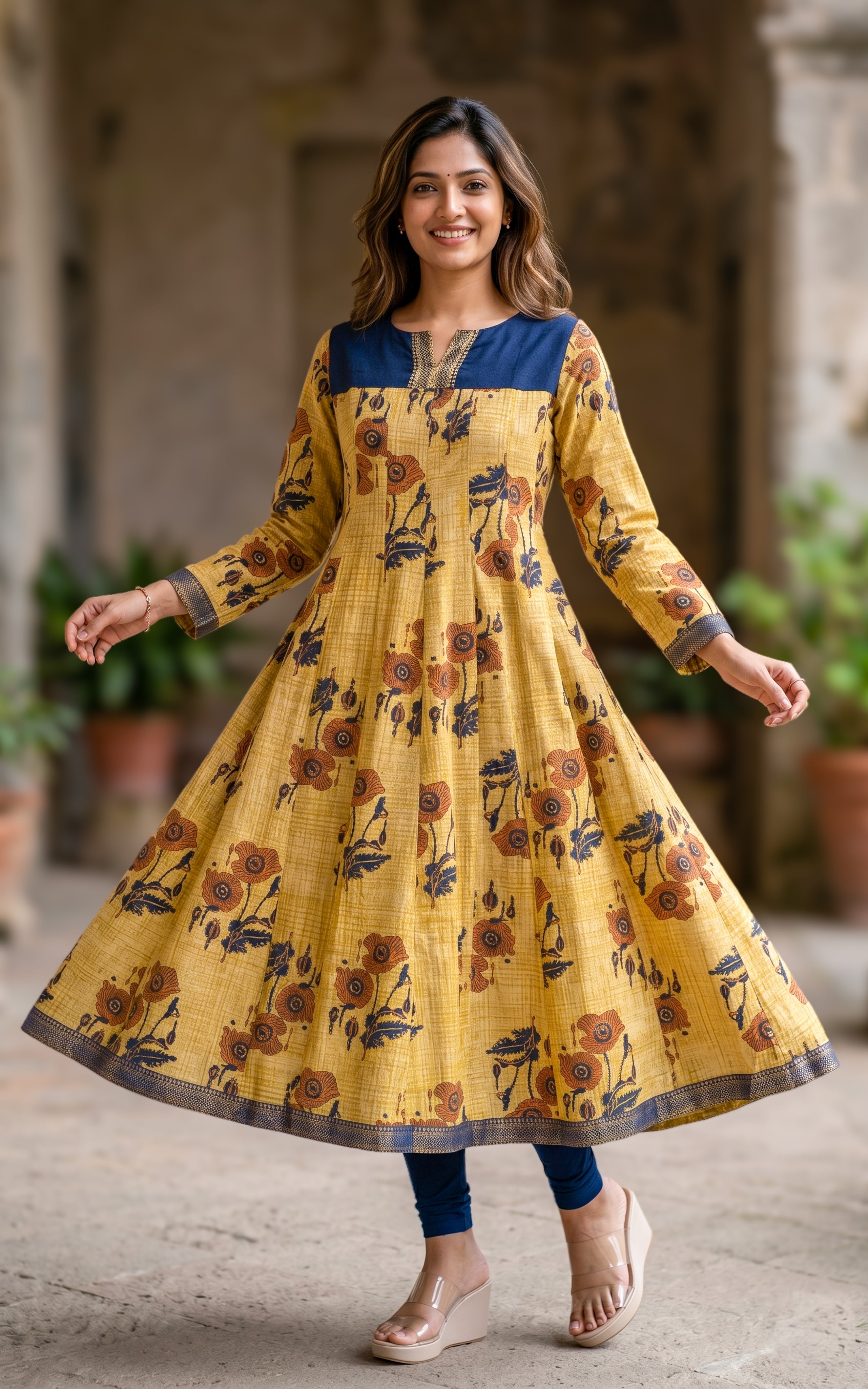 Yellow stylish flared kurti for women