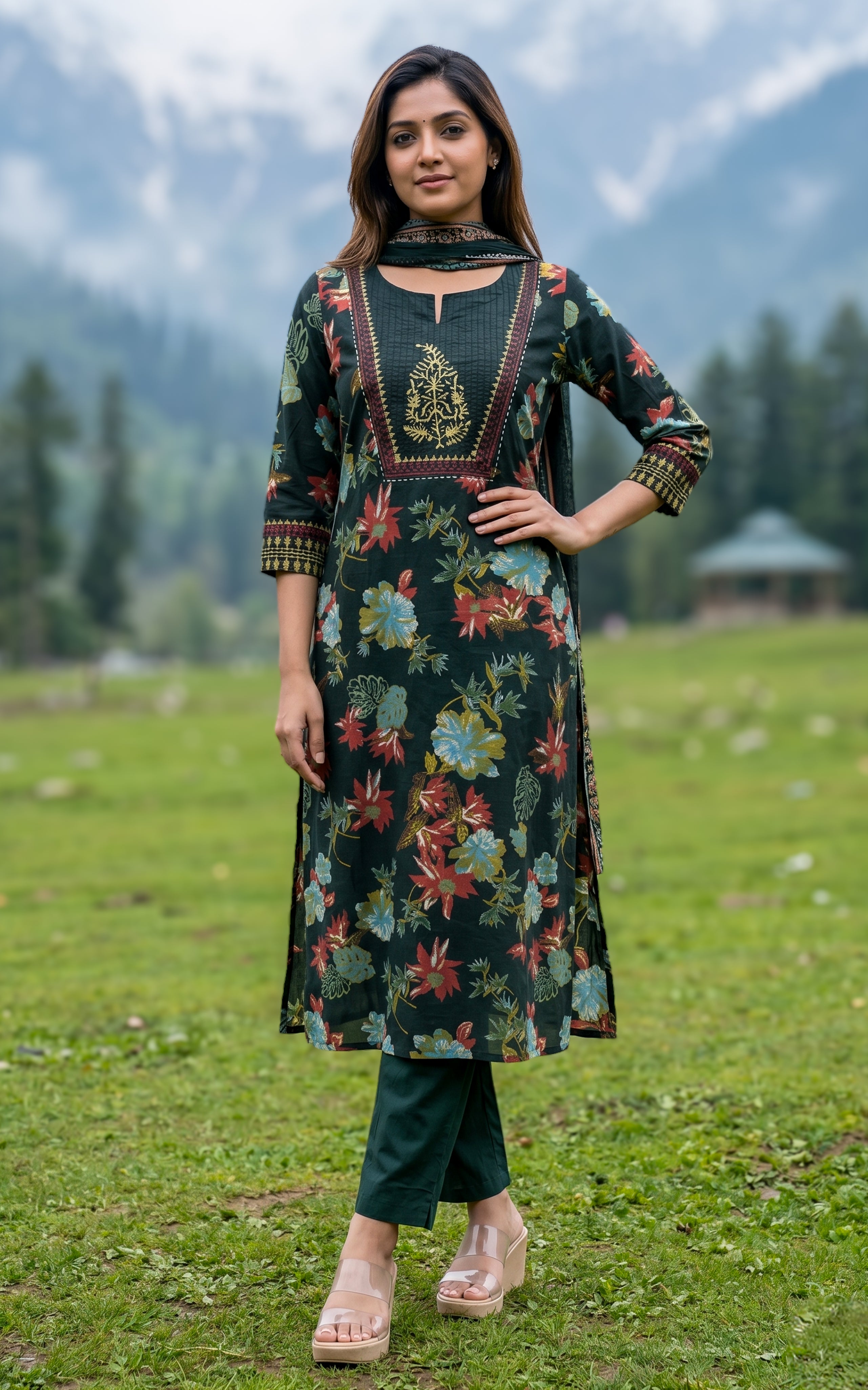Bottle green printed cotton kurti set for women