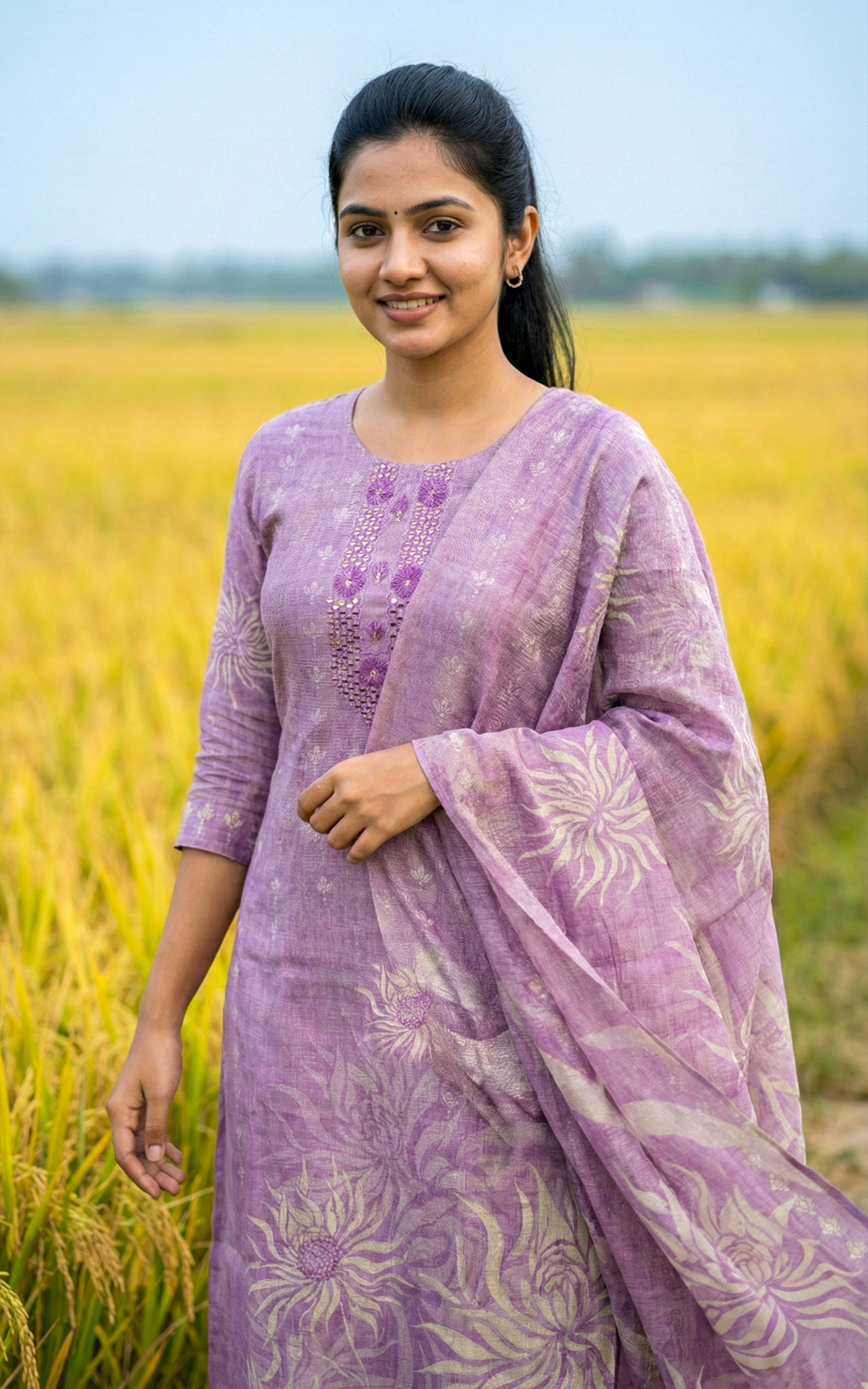Instore - Soft Lavendar Art Silk Straight Cut Kurti with Embroidery & Pant with One Side Pocket & Art Silk Dupatta