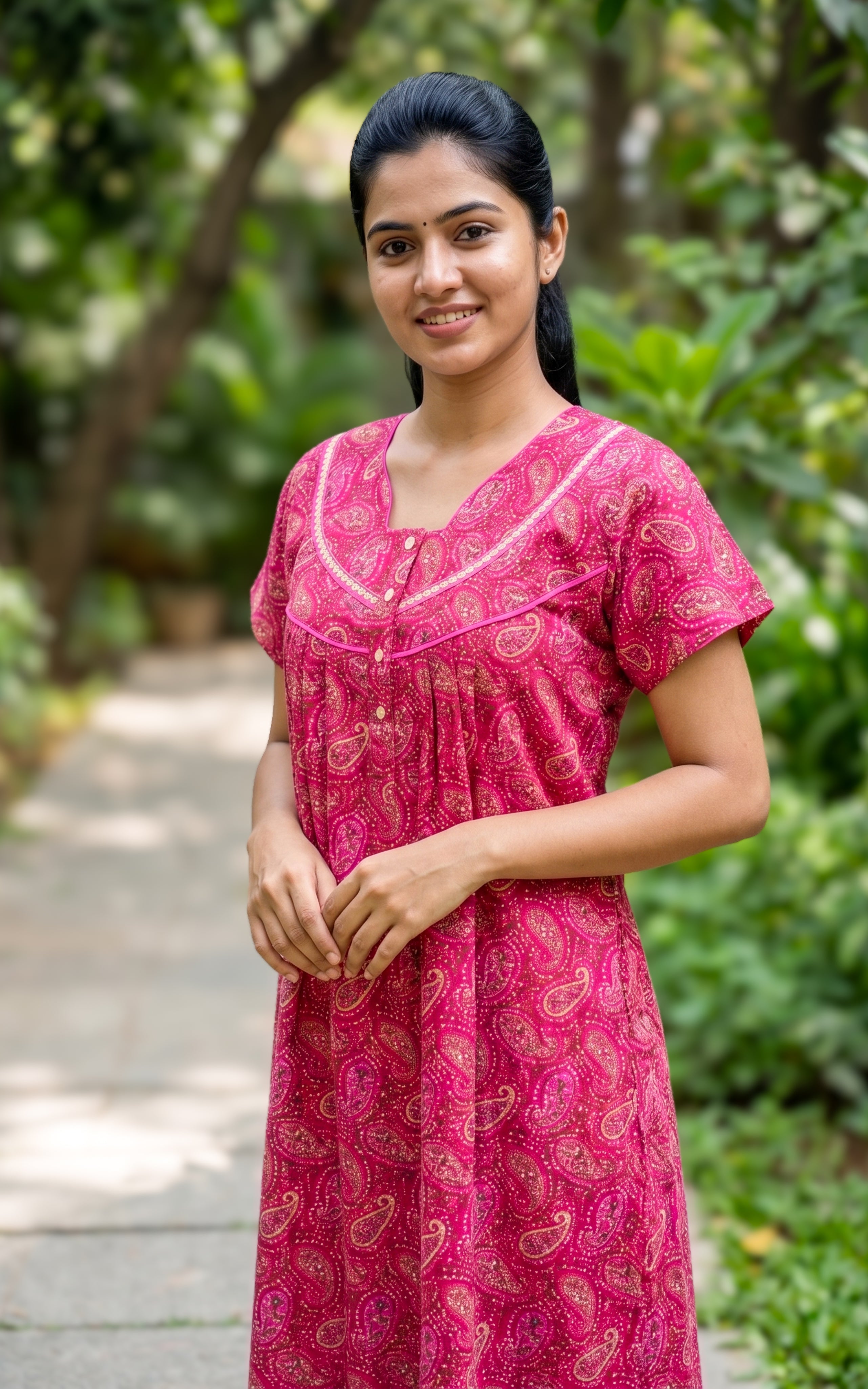 Instore - Pink Floral Print Cotton Long Nighty with Side Pocket, Relaxed Fit, Women's Sleepwear