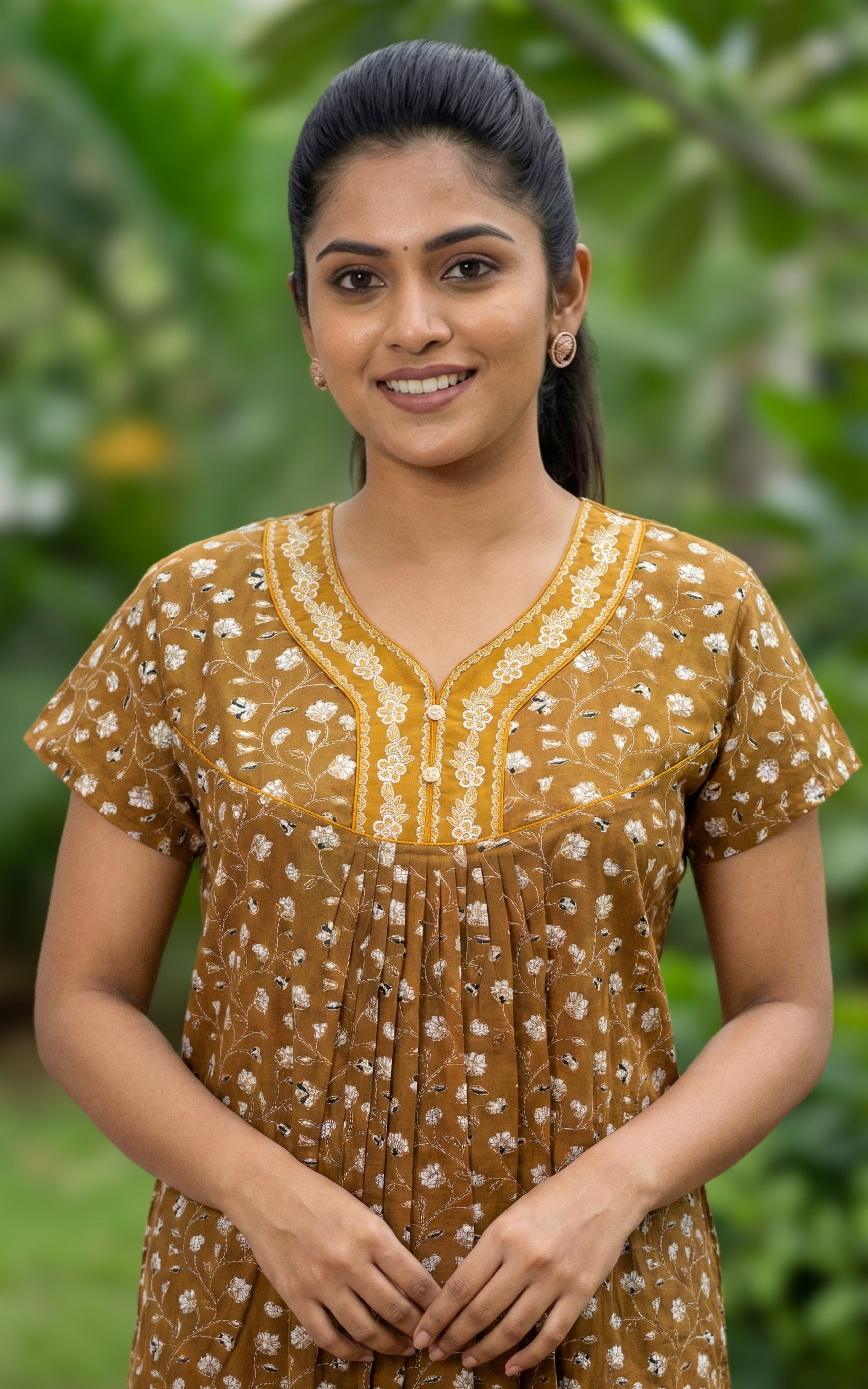Instore – Dusty Pink Cotton Long Nighty, Floral Print, Round Neck with Contrast Yoke Panel, Relaxed Fit, Women's Sleepwear