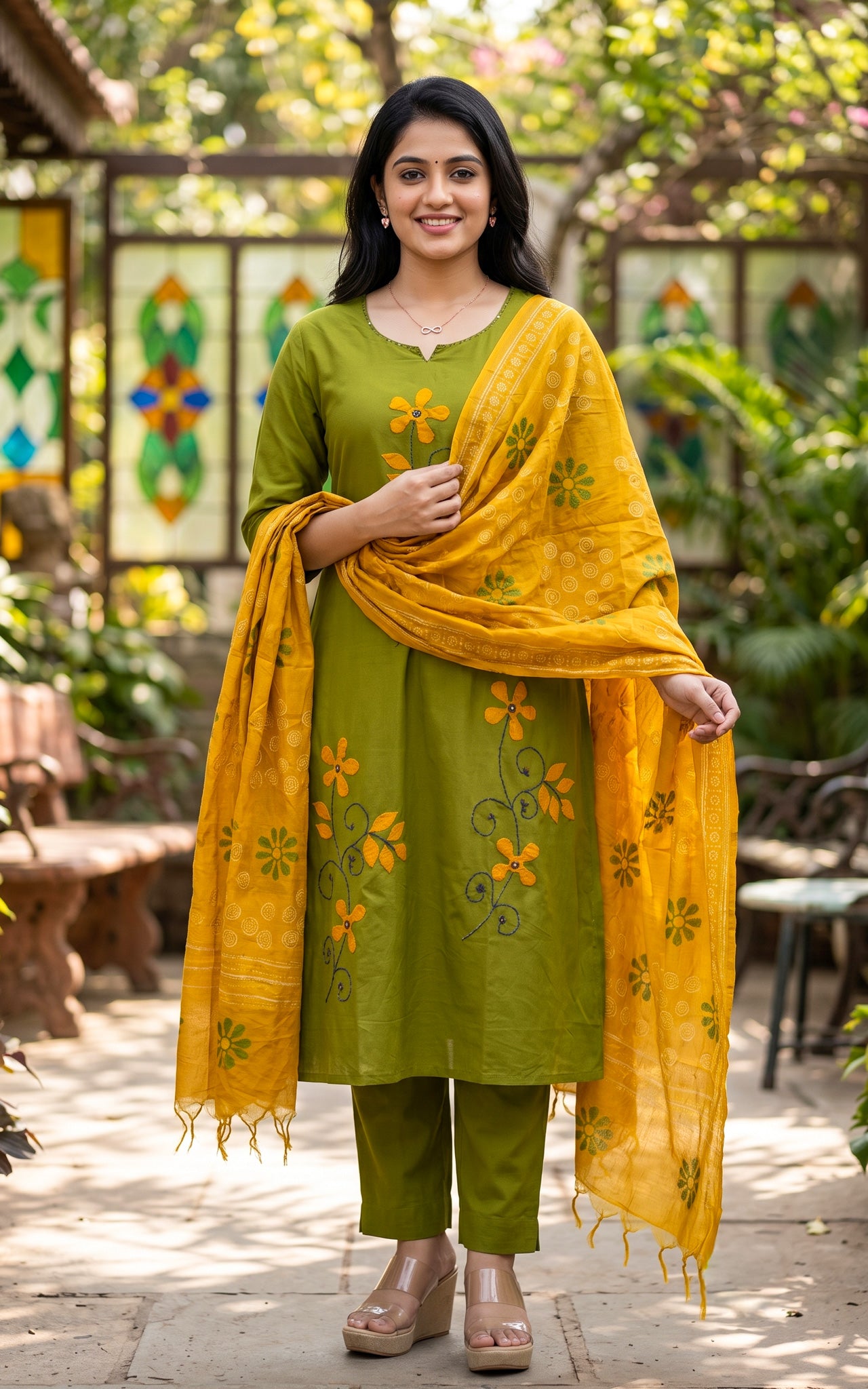 Mehandi Green Cotton Casual Wear Kurti Set for Women