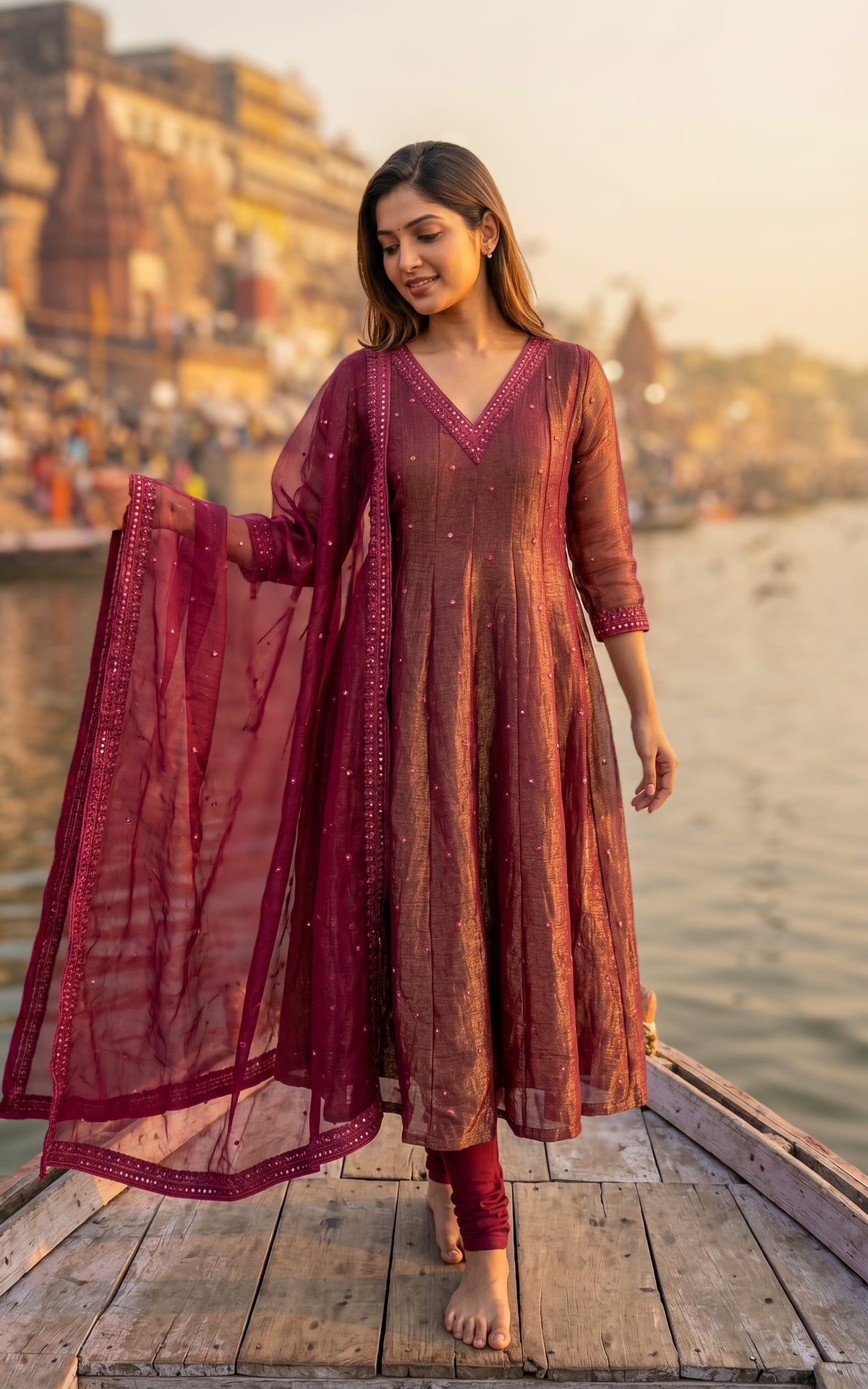Instore – Burgundy Mellinam Anarkali Kurti with Dupatta for Women – Crushed Tissue Silk – Sequin Embroidery – Festive Ethnic Wear