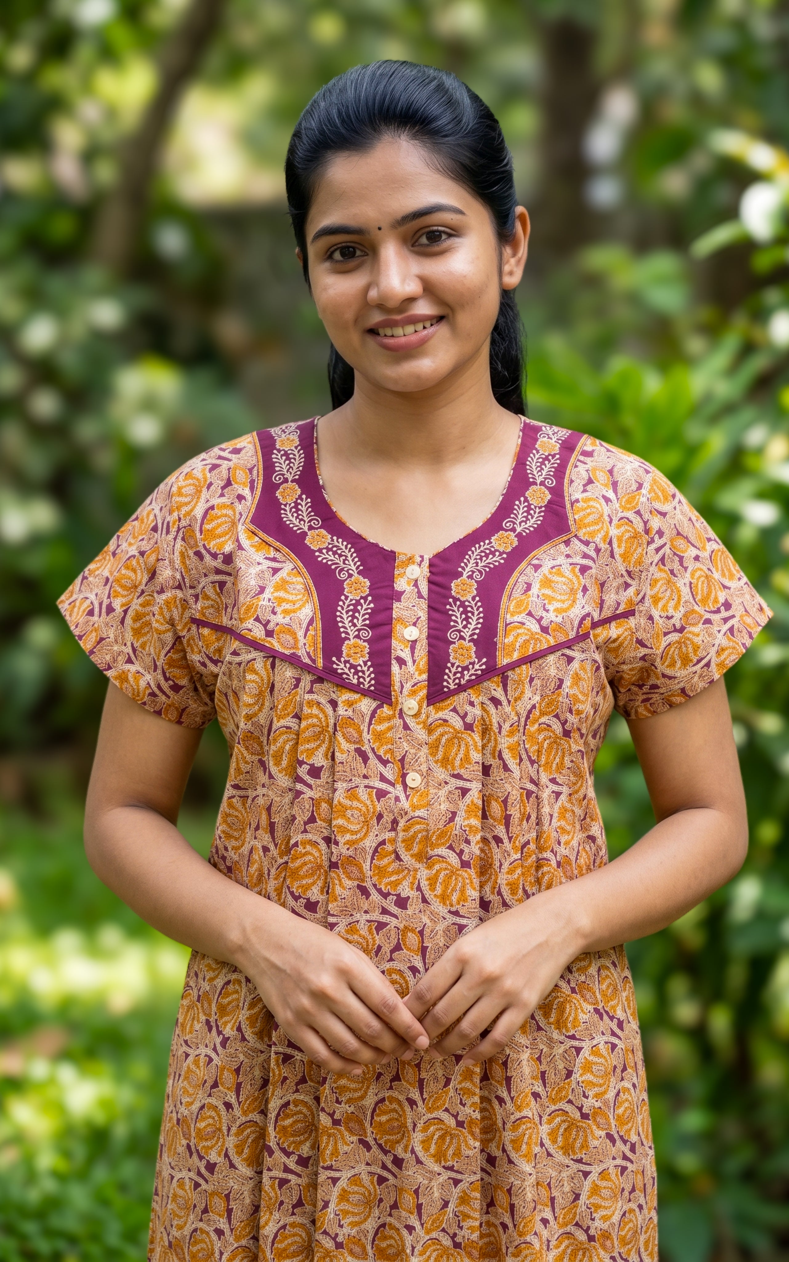 Instore - Mustard Beige & Maroon Floral Print Cotton Long Nighty with Side Pocket, Relaxed Fit, Women's Sleepwear