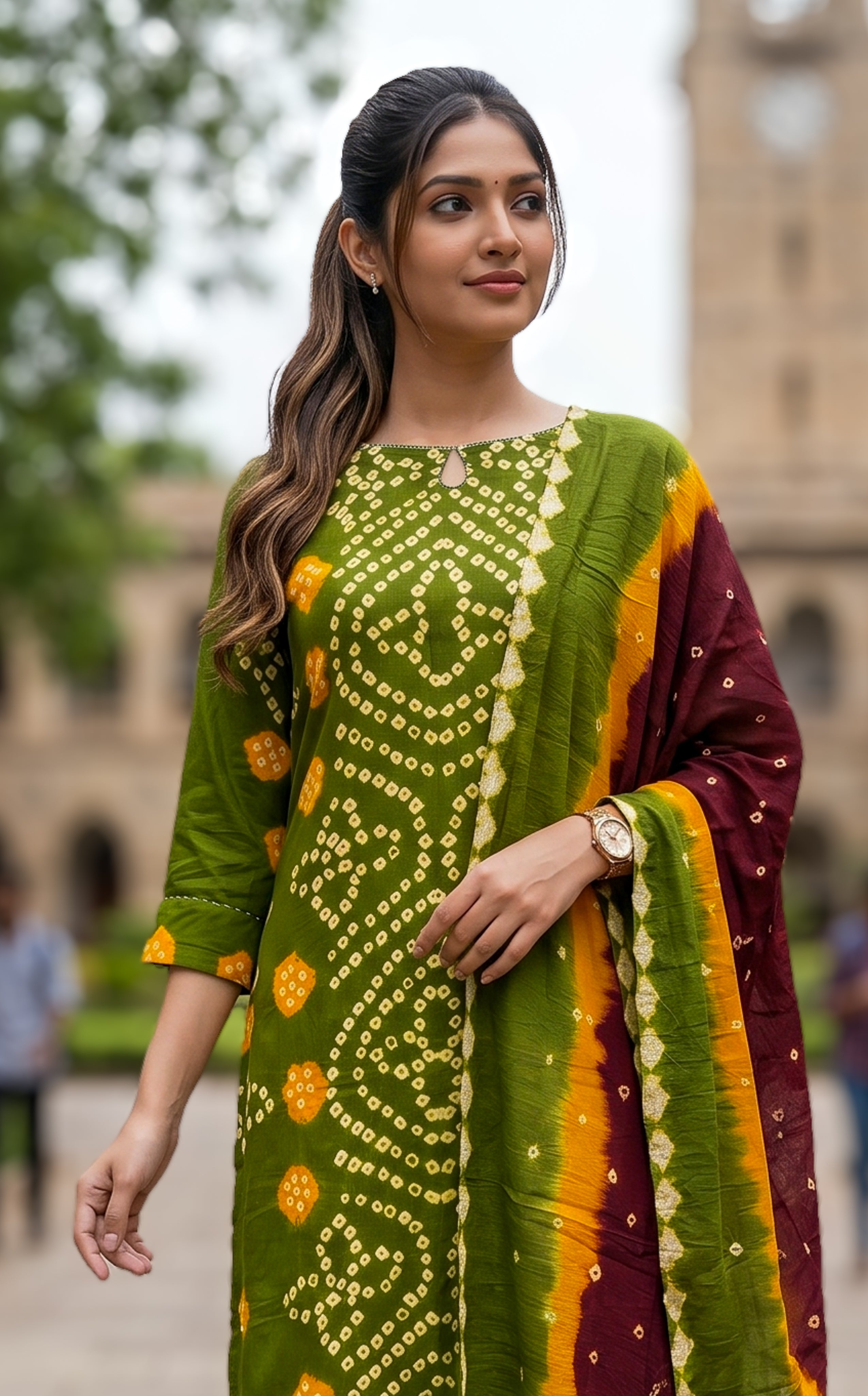 Mehandi green Bandhani cotton kurti set for women