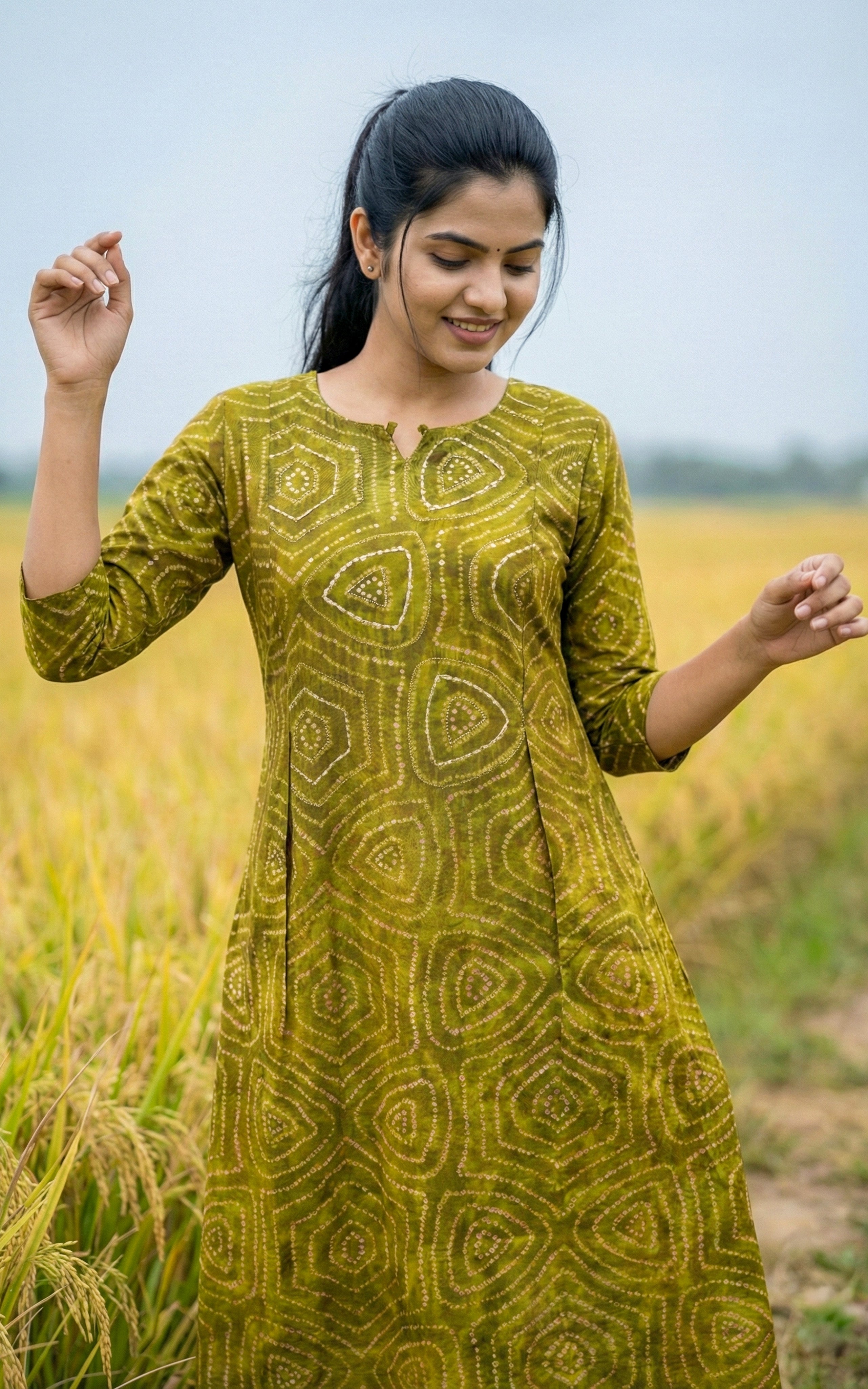 Instore - Mehandi Green Aline Art Silk Kurti with Bandhini Style Print with Butter Crepe Lining