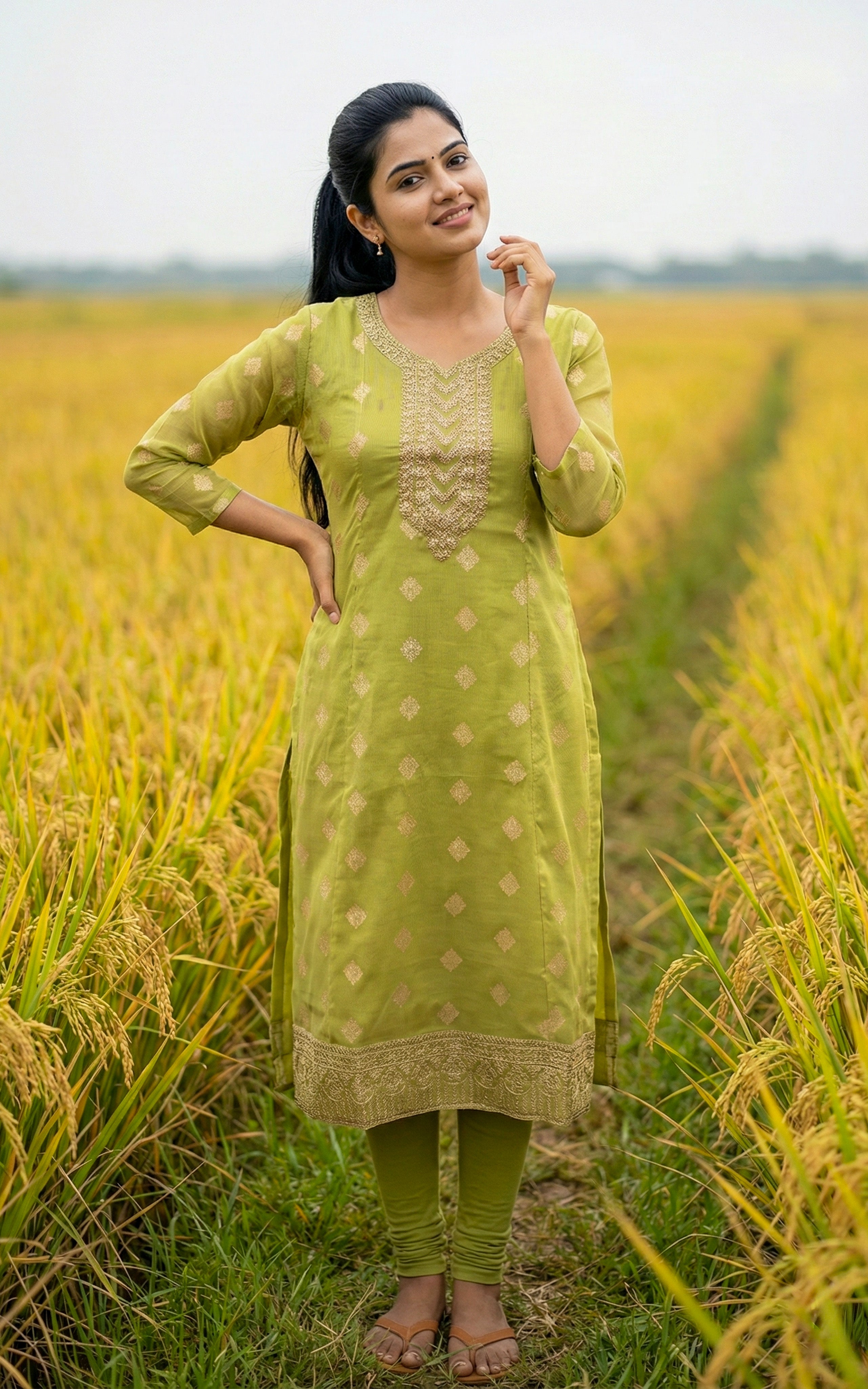 Instore - Pista Green Art Silk Sequin Embroidery Aline Kurti with Side Slit and Butter Crepe Lining