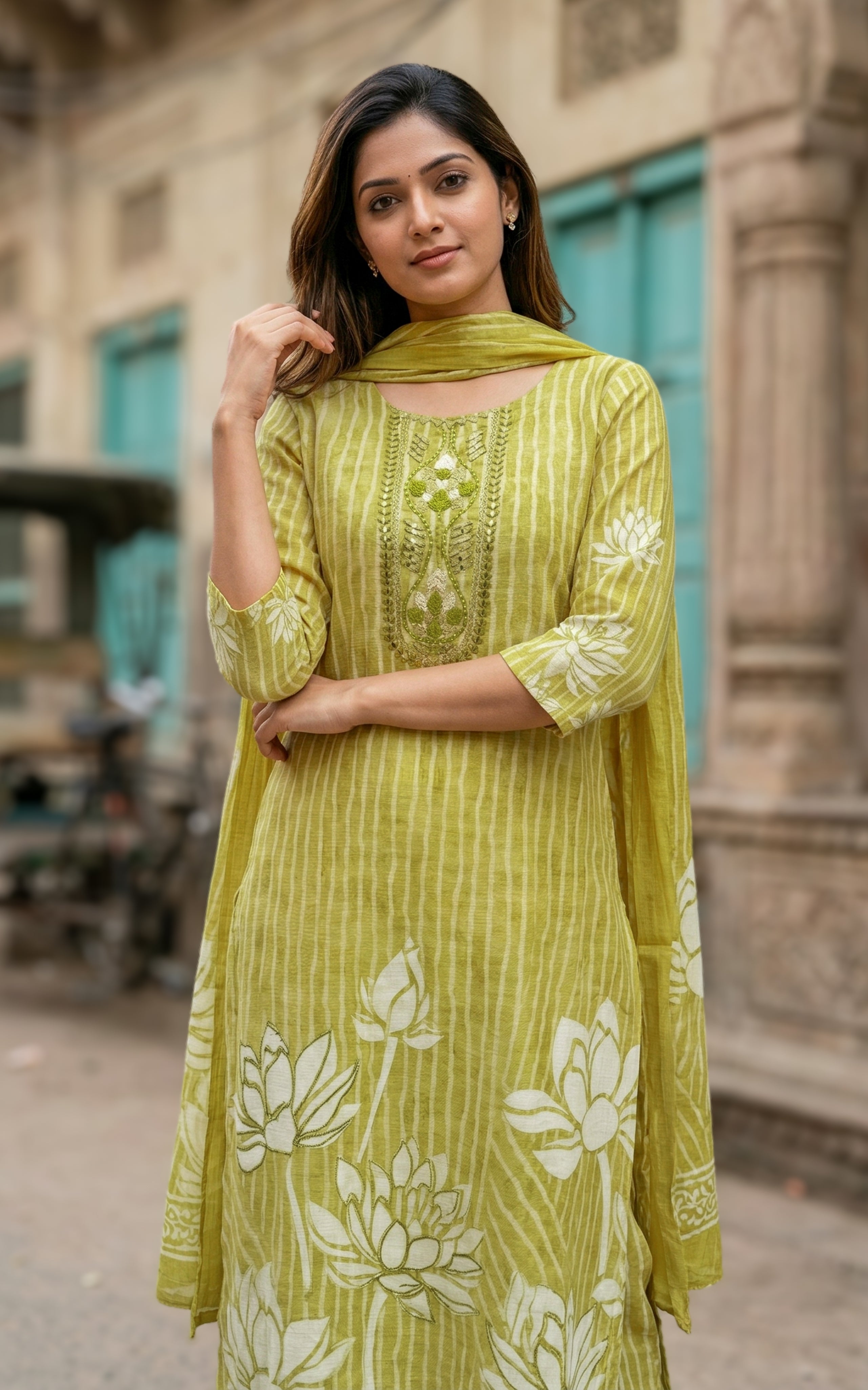 Instore - Mehandi Green Color Cotton Straight Cut Kurti with Side Slit, Straight Pant with Dupatta