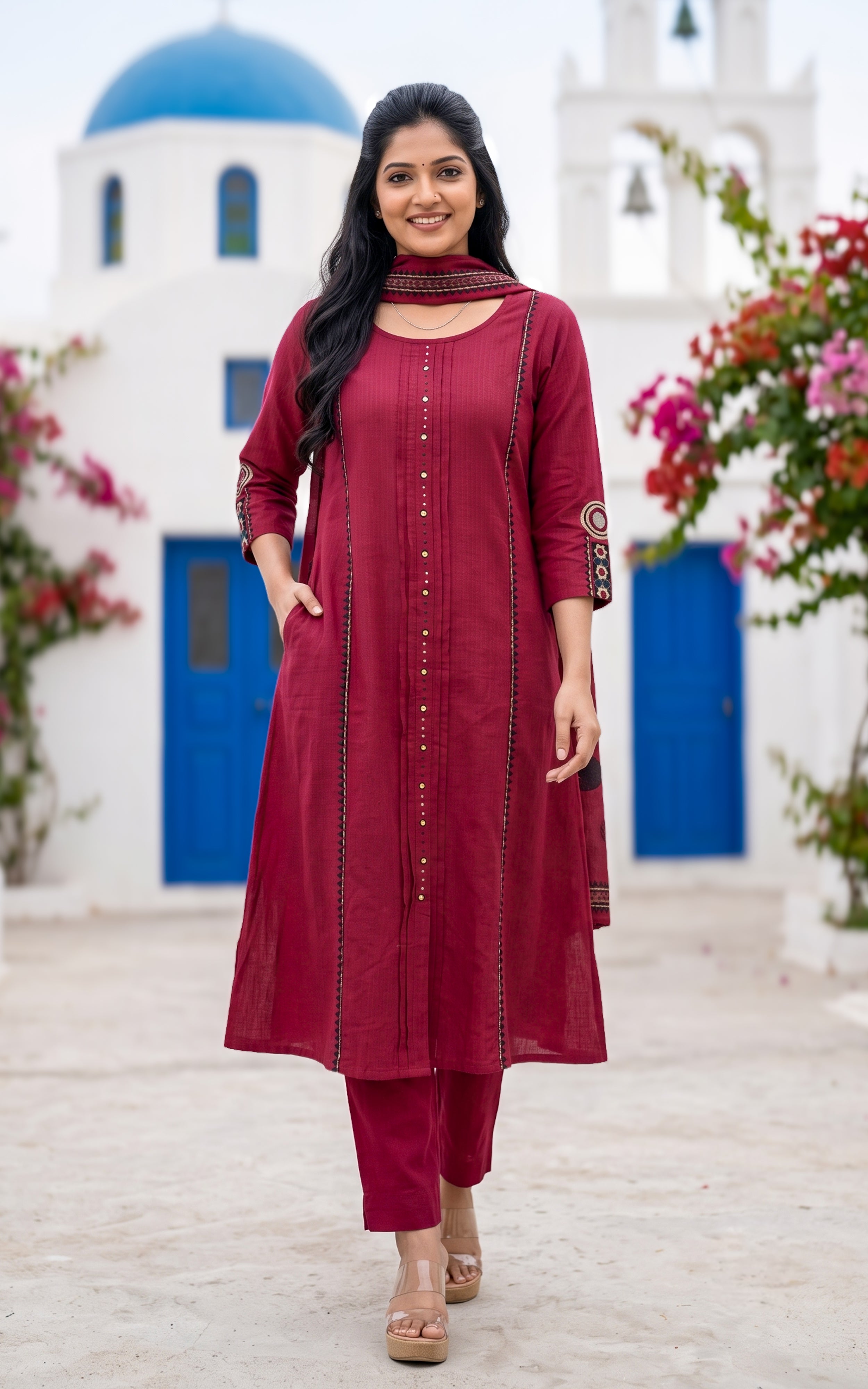 Maroon Cotton Aline Kurti Set with One Side Pocket for Women