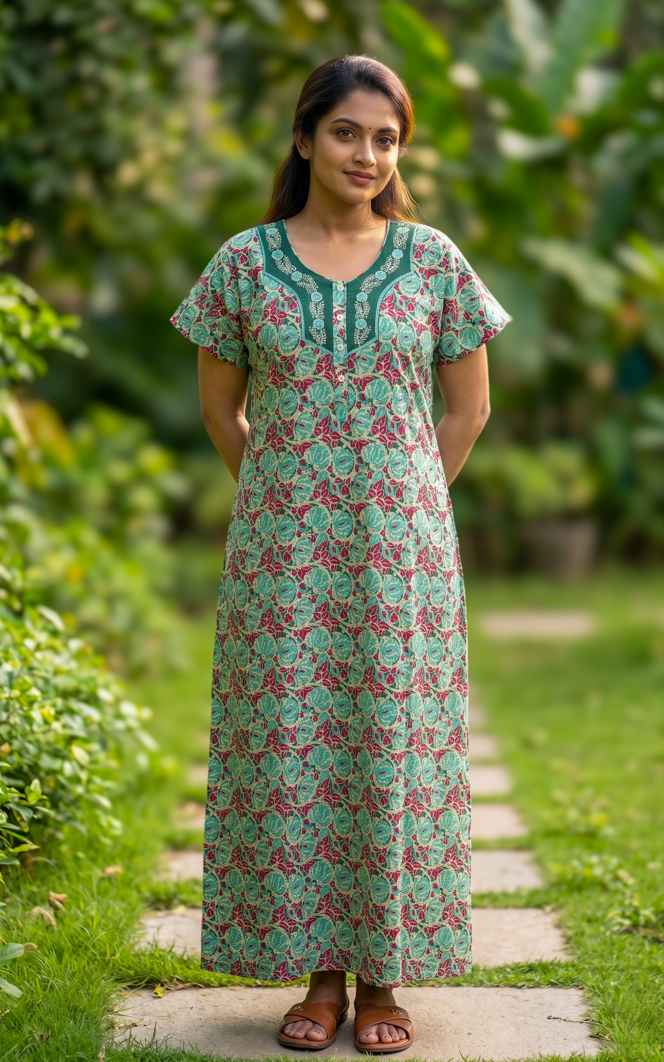 Instore - Sea Green & Maroon Floral Print Cotton Long Nighty with Side Pocket, Relaxed Fit, Women's Sleepwear