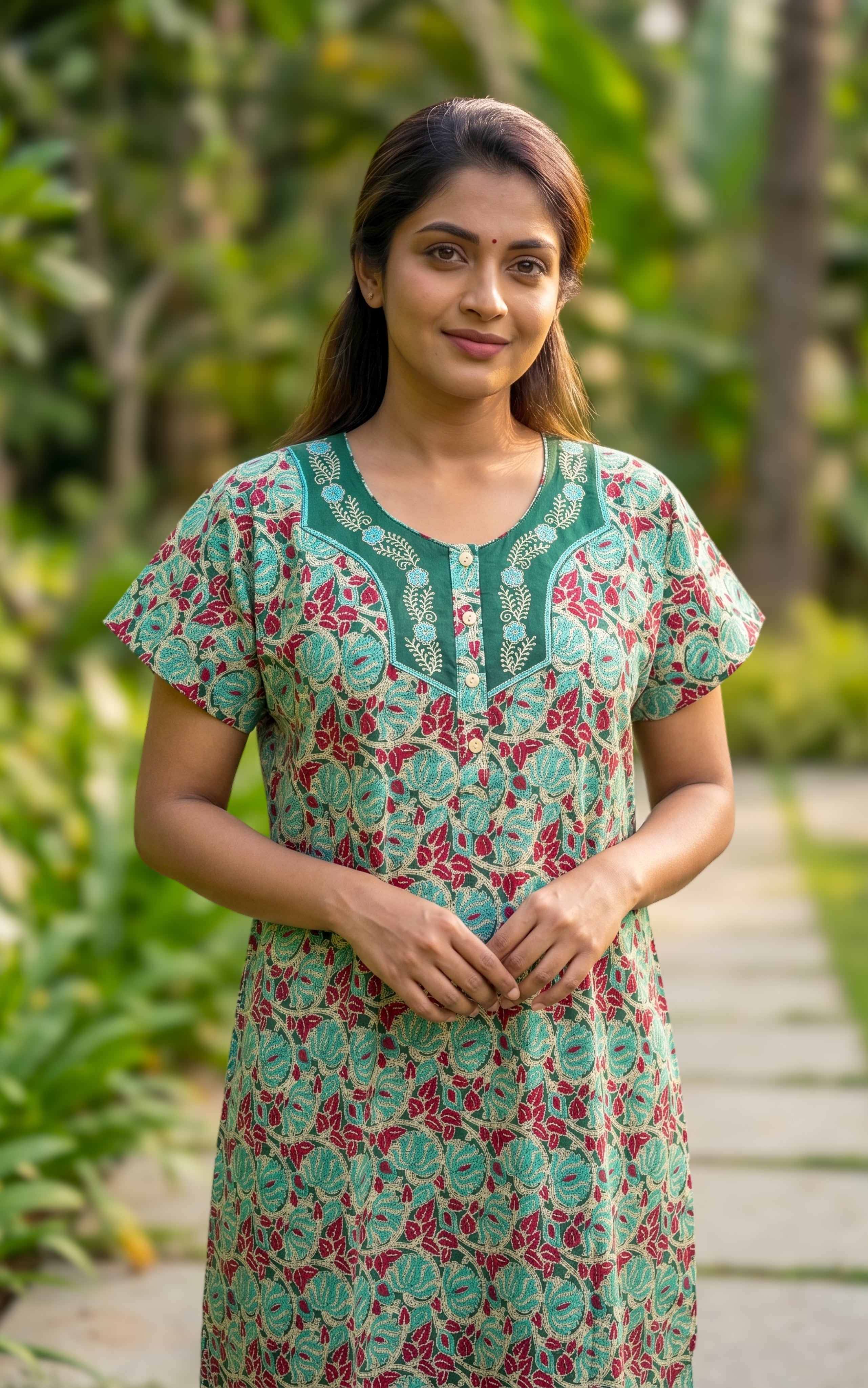 Instore - Sea Green & Maroon Floral Print Cotton Long Nighty with Side Pocket, Relaxed Fit, Women's Sleepwear