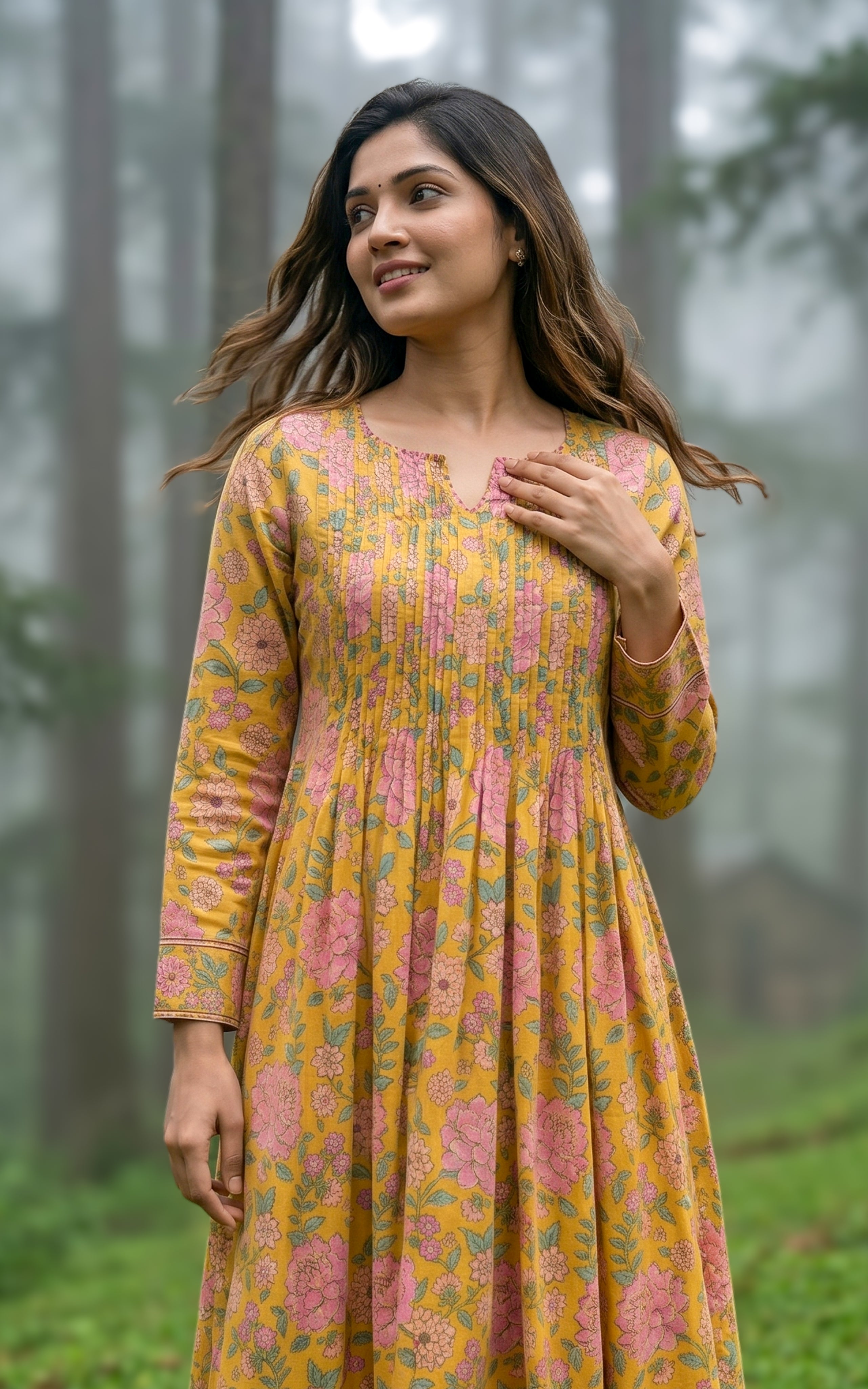 Mustard casual wear cotton Anarkali kurti for women