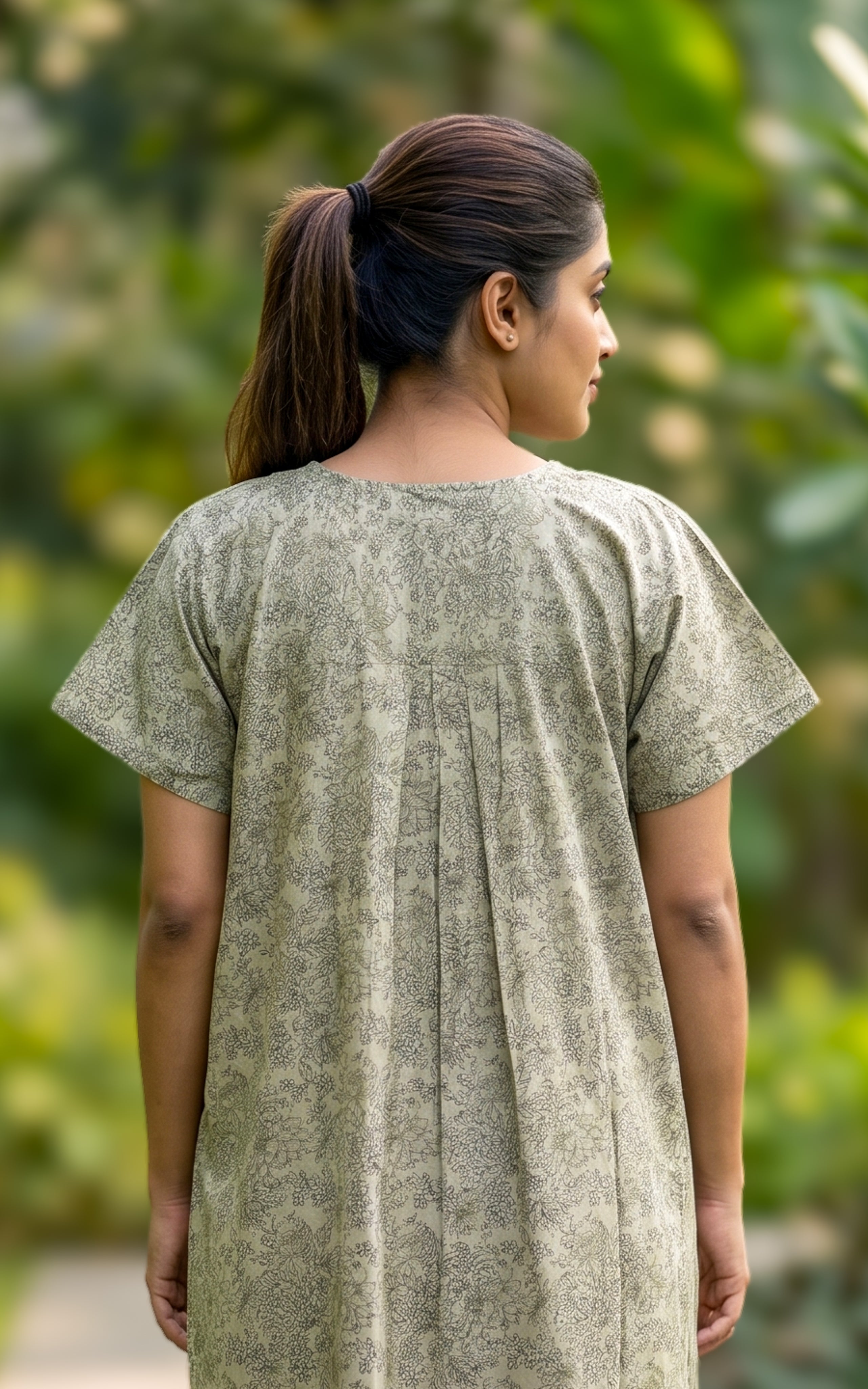 Instore - Sage Green Floral Print Cotton Long Nighty with Side Pocket, Relaxed Fit, Women's Sleepwear