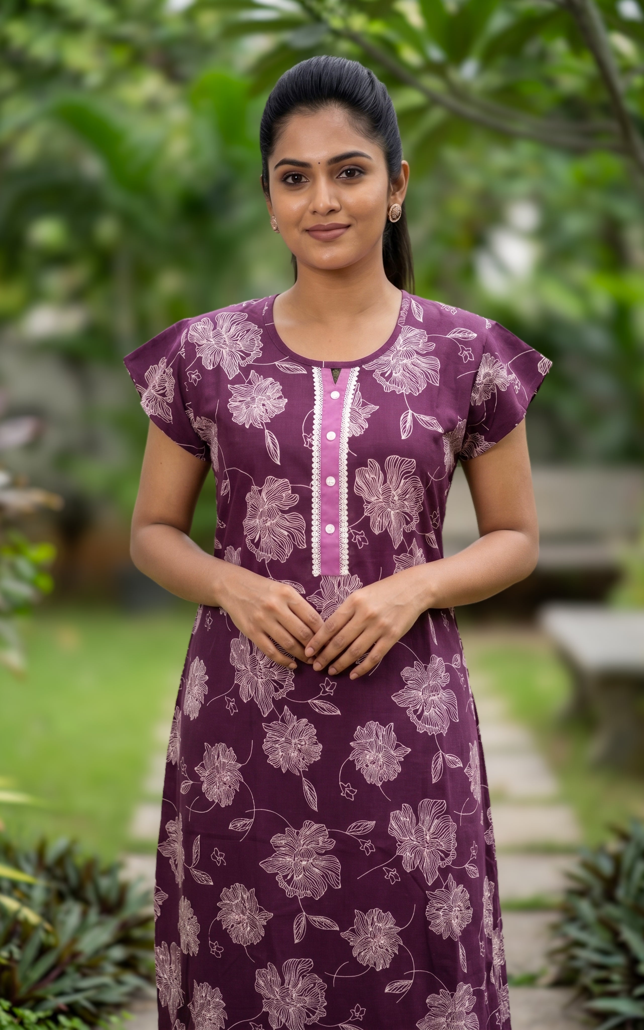 Instore - Plum Floral Print Cotton Long Nighty with Button Placket, Side Pocket, Relaxed Fit, Women's Sleepwear