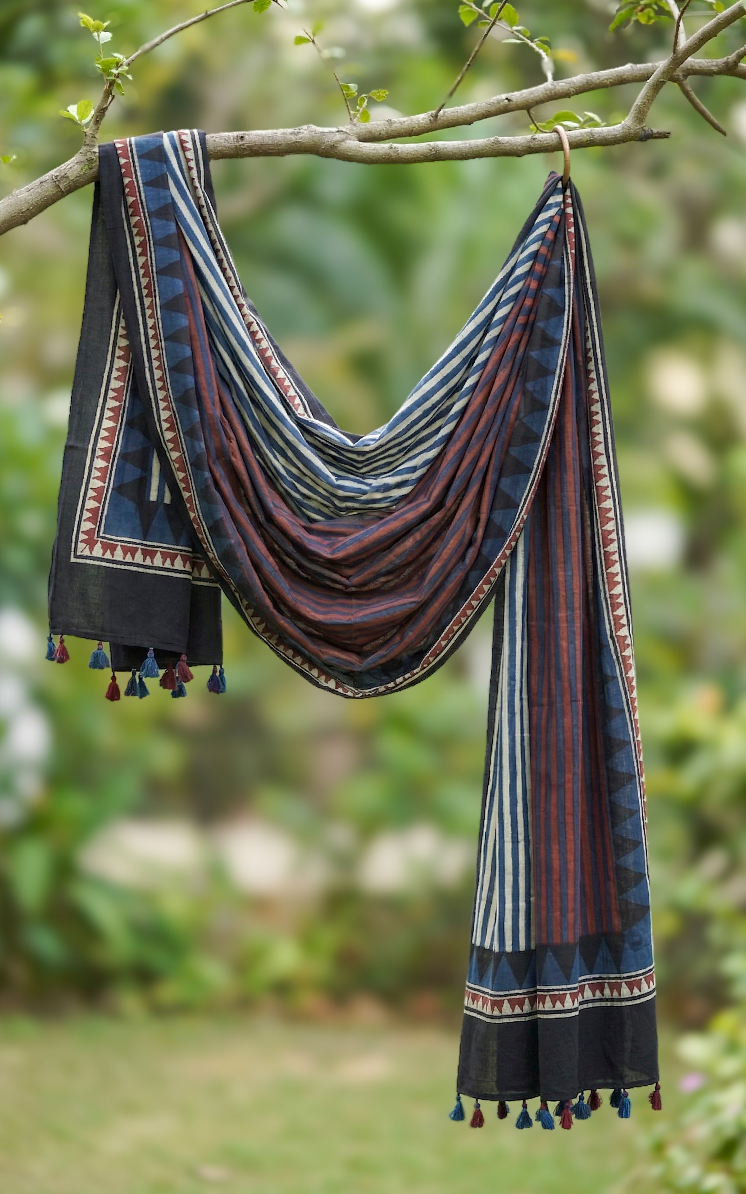 Instore – Earthy Tones Handblock Printed Dupatta for Women – Cotton – Tassels – Ethnic Wear