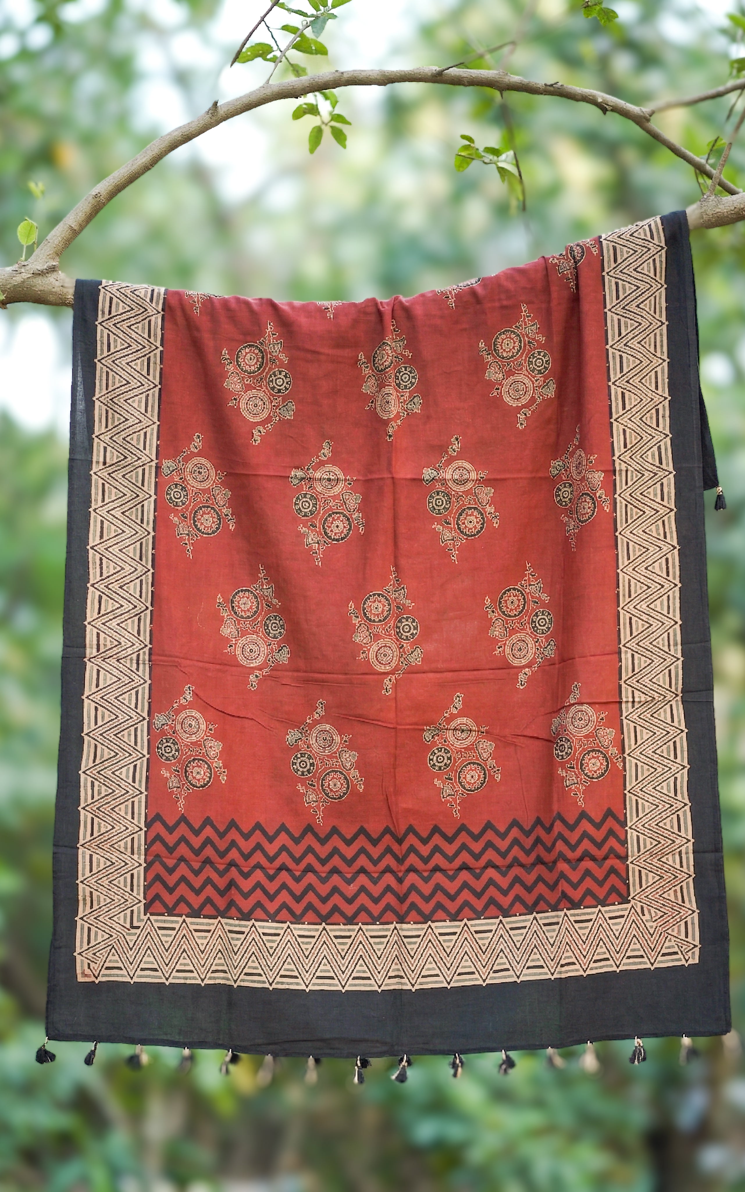 Instore – Earthy Tones Handblock Printed Dupatta for Women – Cotton – Tassels – Ethnic Wear