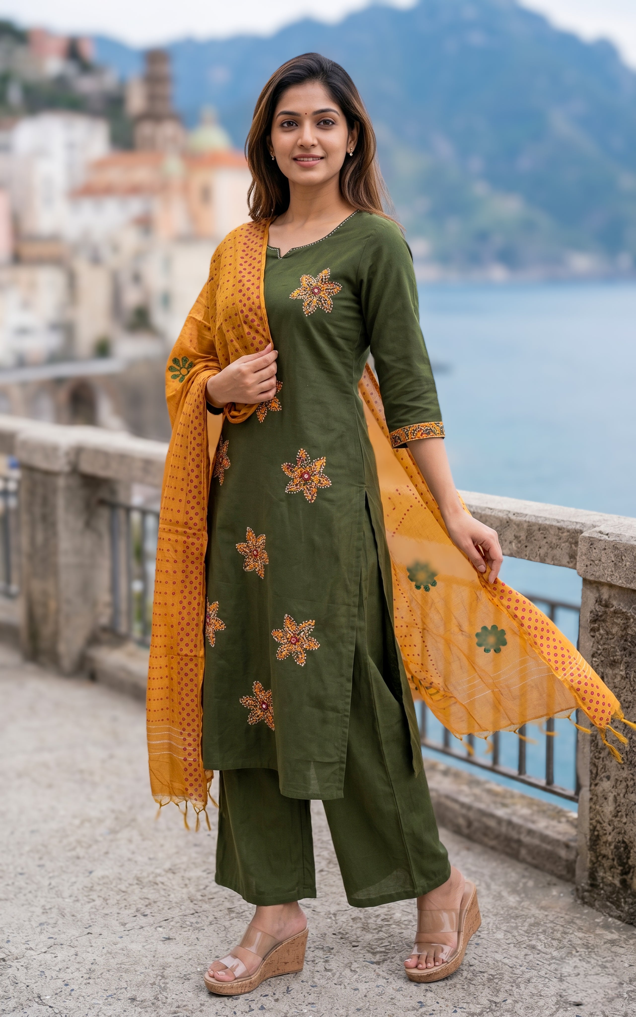 Green cotton kurti set for women
