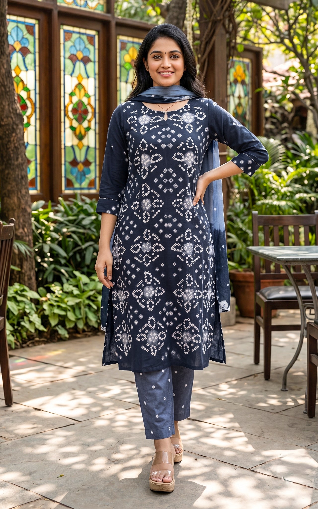 Bright Navy Blue and Grey Cotton Casual Wear Kurti Set for Women