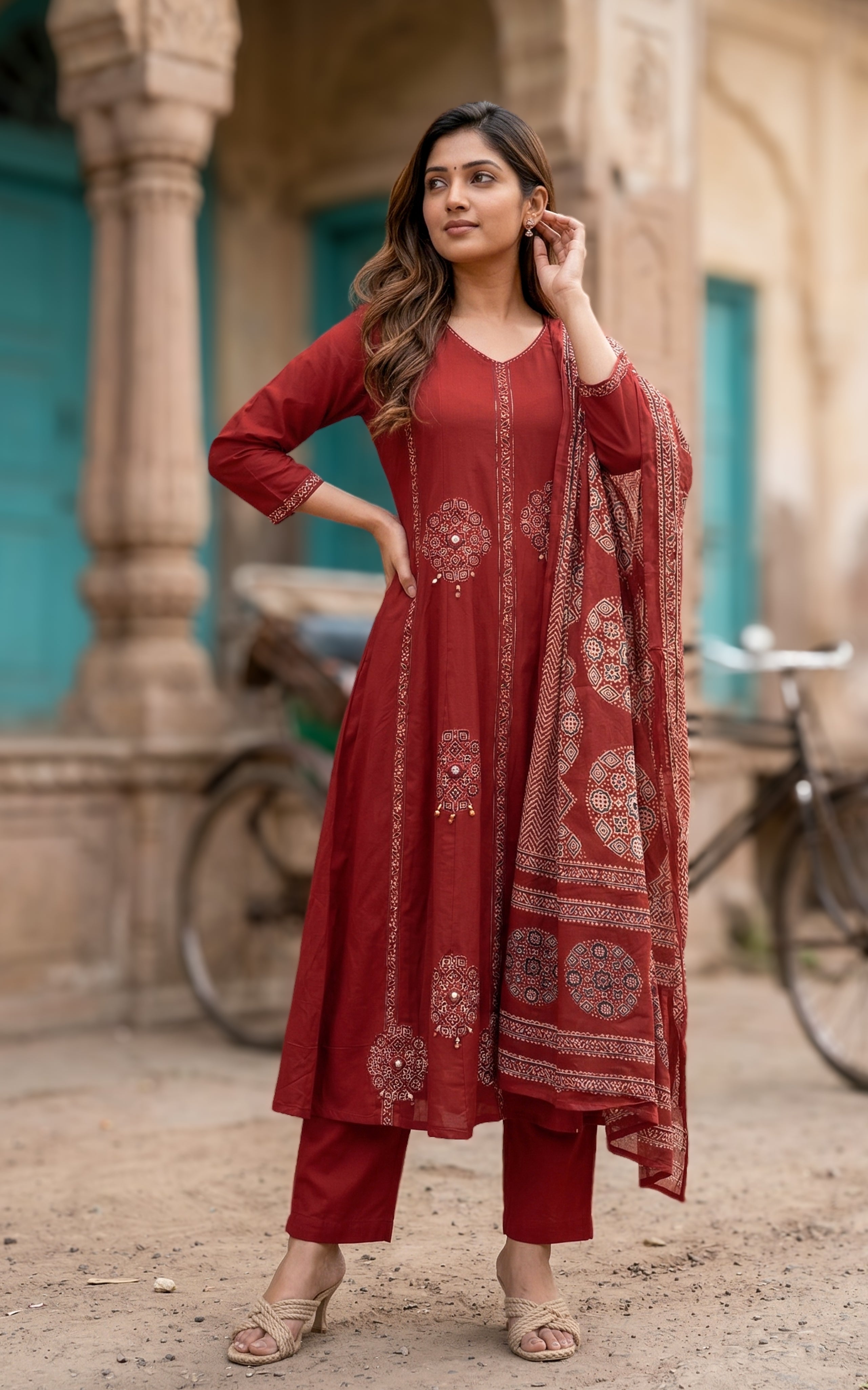 Dark maroon cotton Anarkali kurti for women