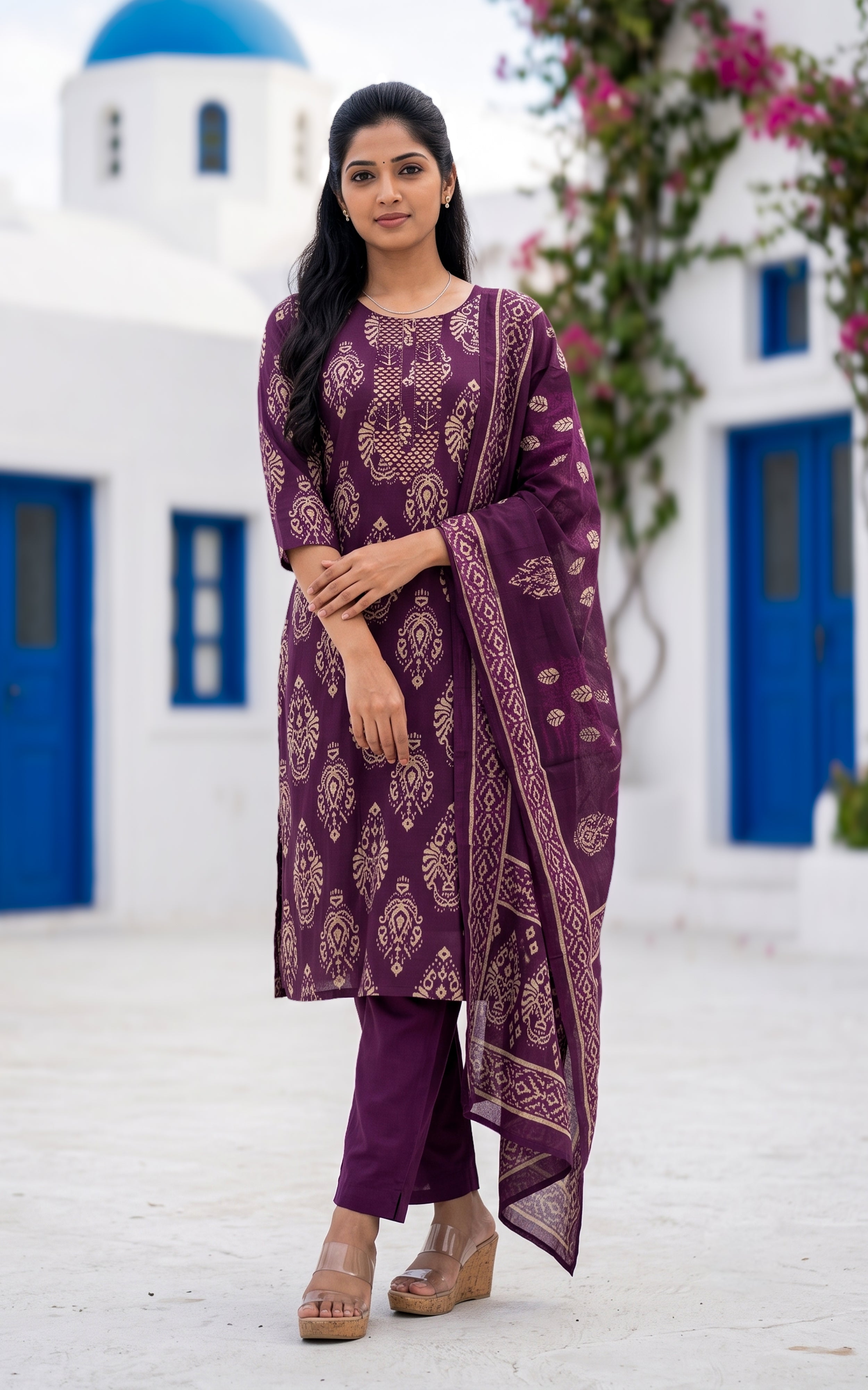 Plum Art Silk Ethnic Wear Kurti Set with Dupatta for Women