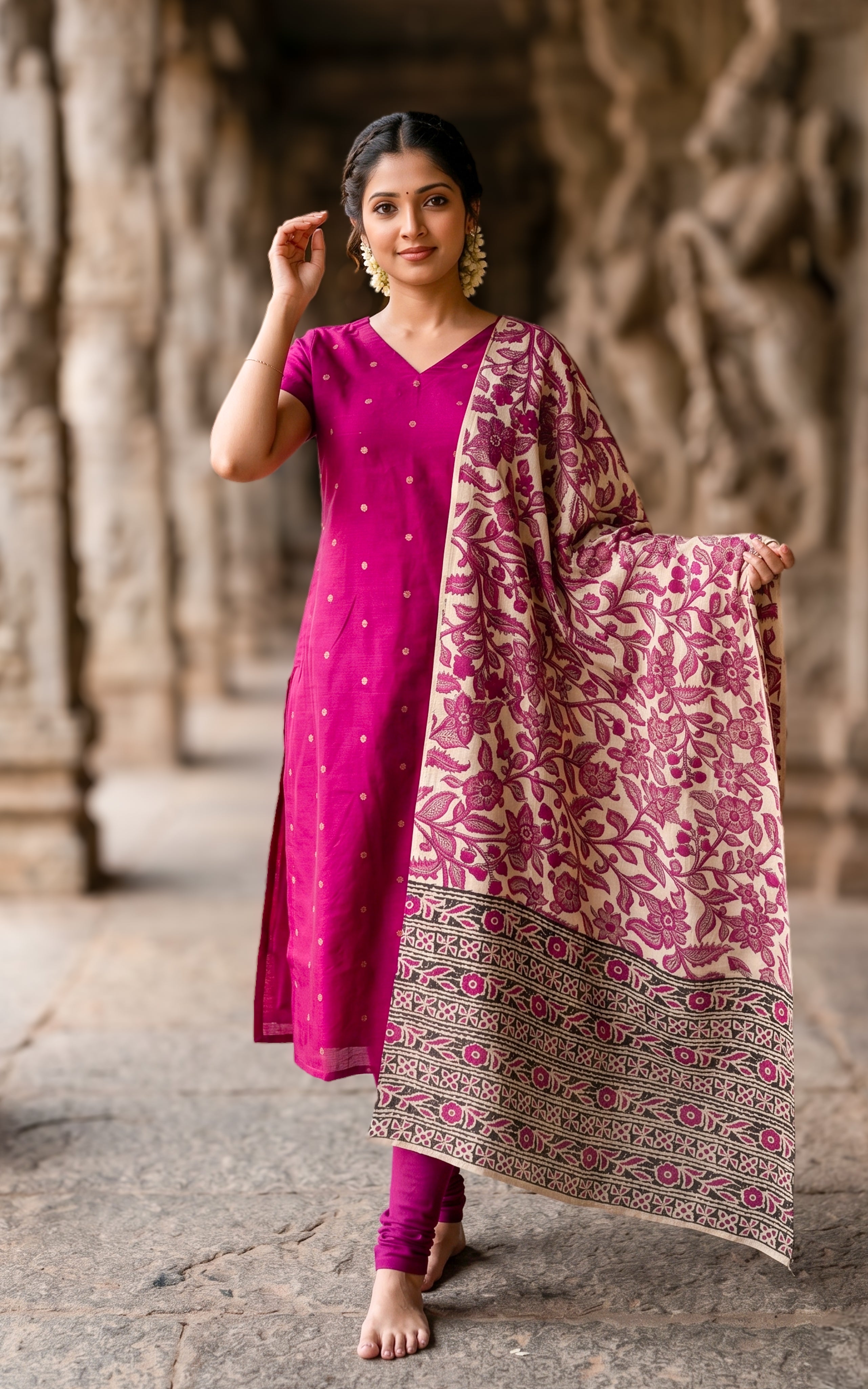 Pink V-neck straight cut kurti for women