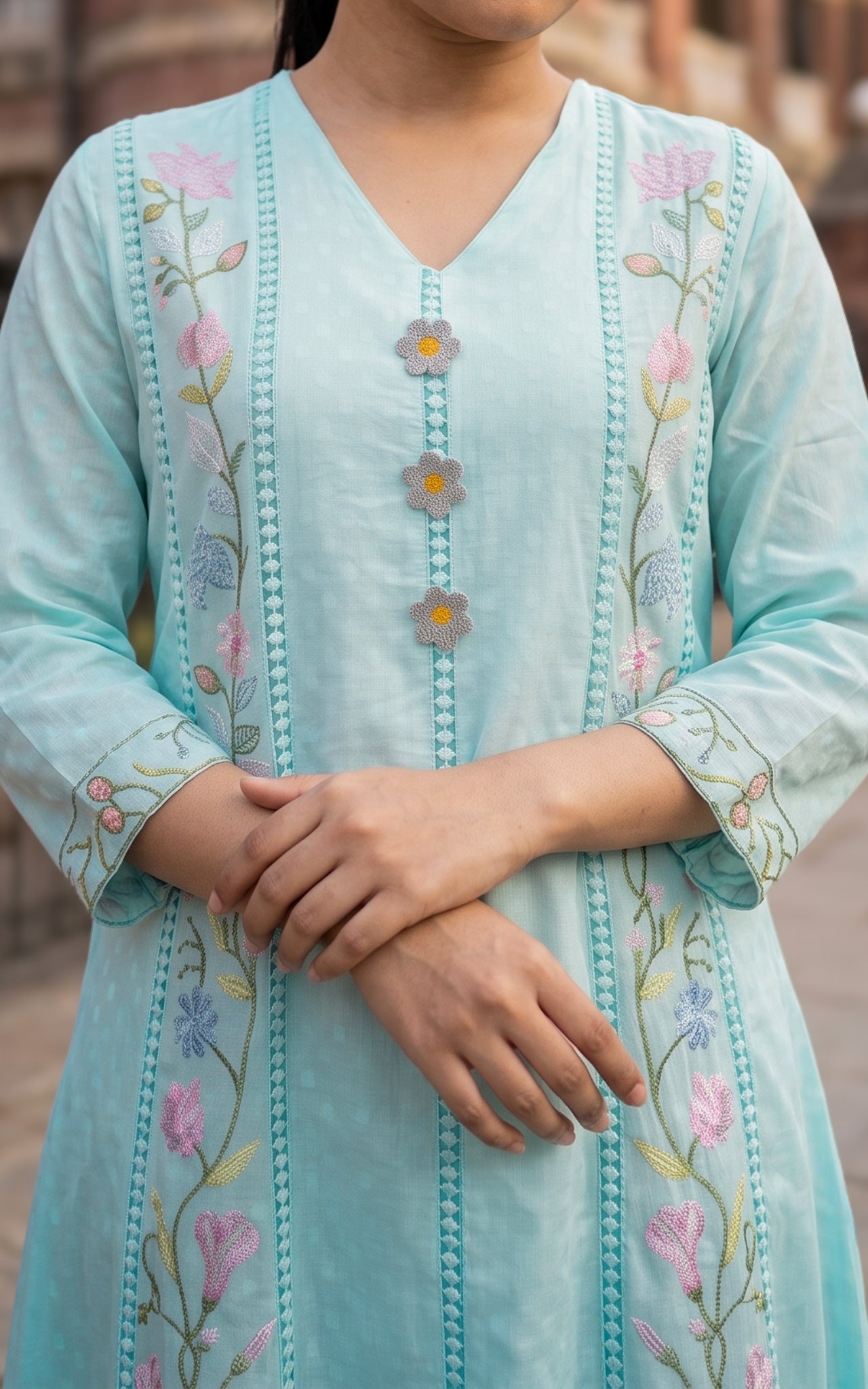 Light Sky Blue Cotton Daily Wear Anarkali Kurti Dupatta for Women